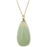 A polished jade teardrop pendant necklace, on 9ct cable link chain, pendant 41.8mm, chain 40cm, 22.