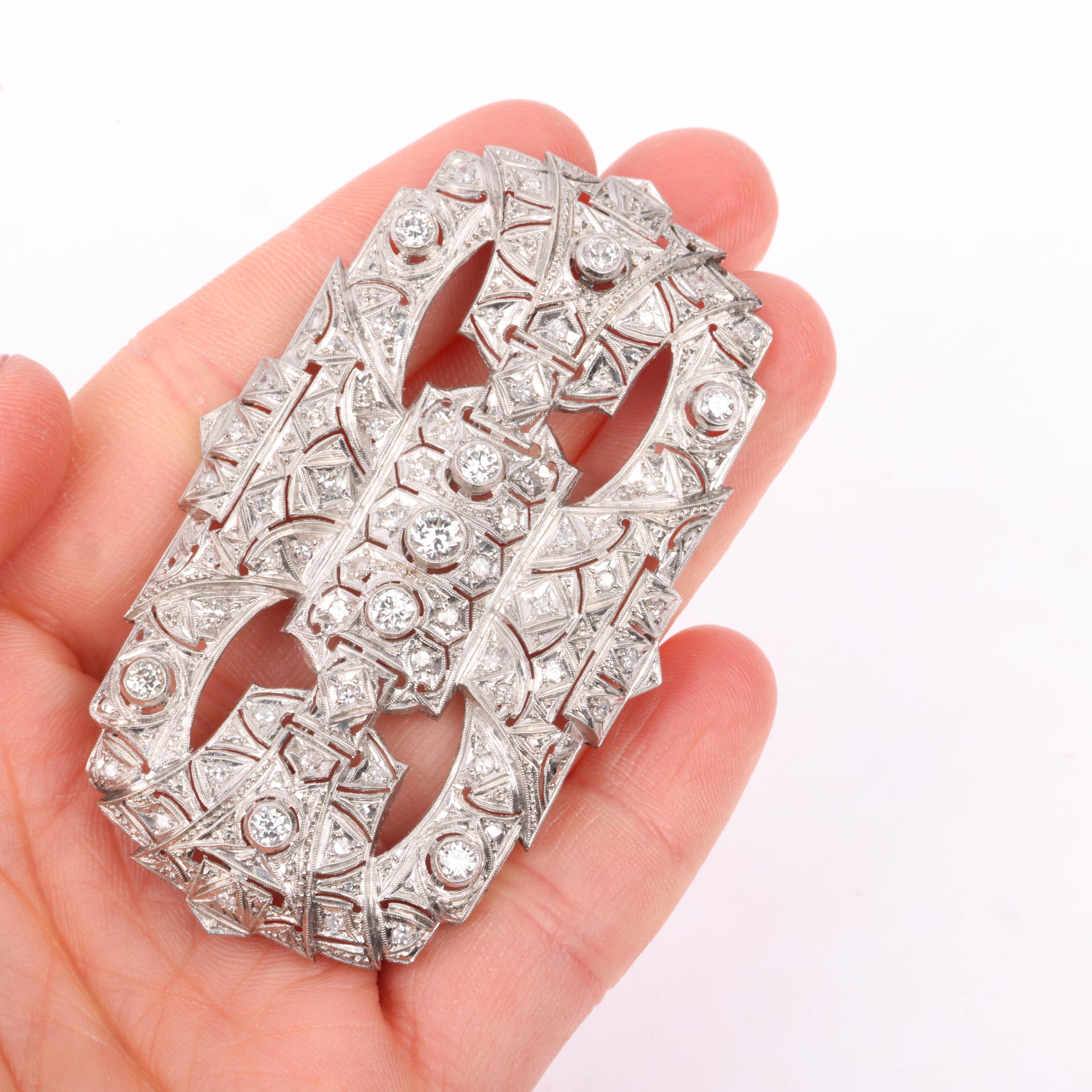 A large Art Deco platinum and diamond geometric panel brooch, set with round brilliant and eight-cut - Image 4 of 4