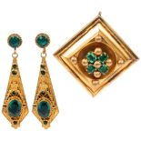 A Victorian Etruscan Revival gilt-metal green paste matching brooch and earring set, brooch 47mm,