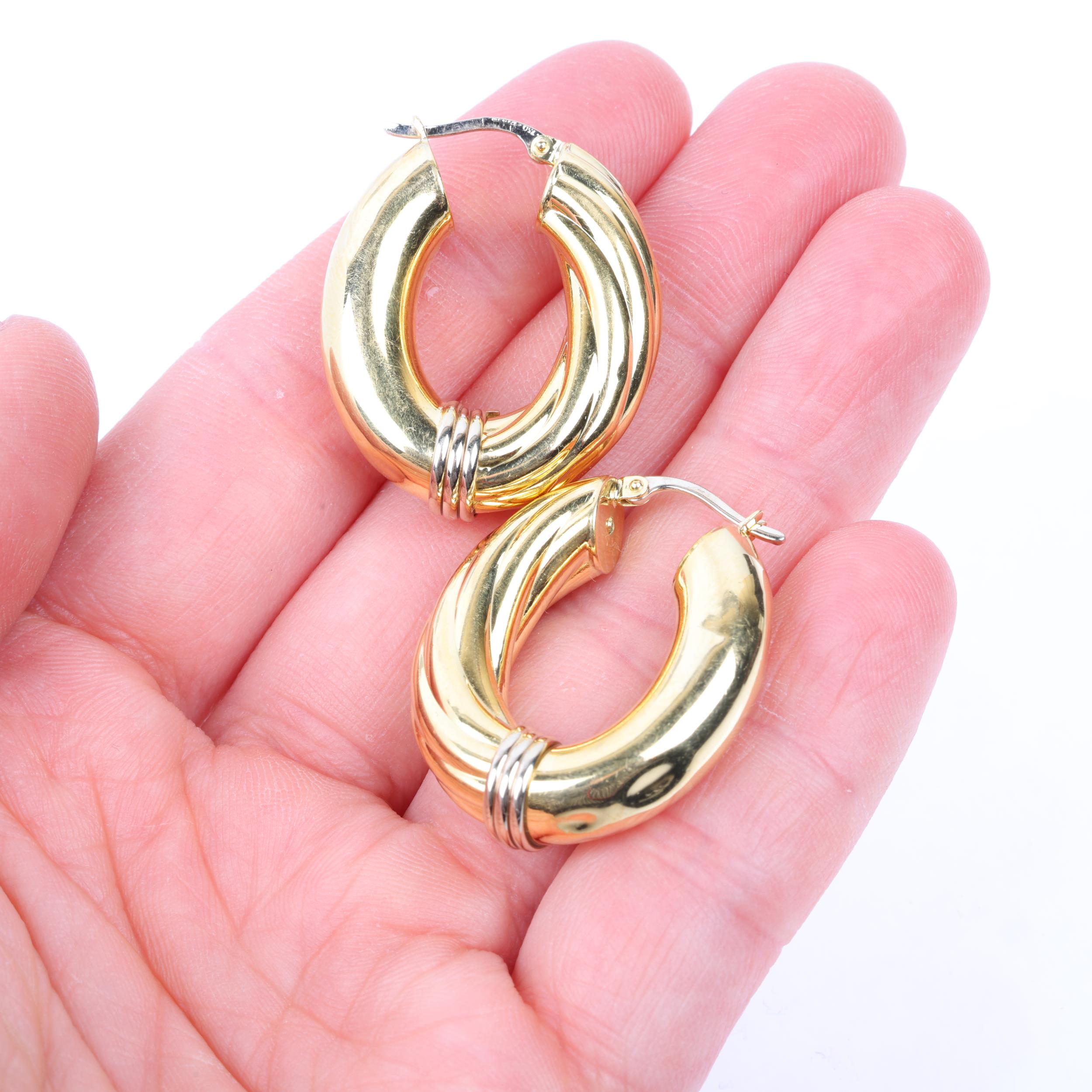 A pair of Continental 18ct two-colour gold hollow hoop earrings, with English lock fittings, 30.7mm, - Image 4 of 4