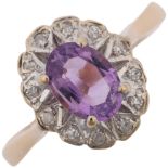 A late 20th century 9ct gold amethyst and diamond oval cluster ring, maker GJ, Birmingham 1988, claw