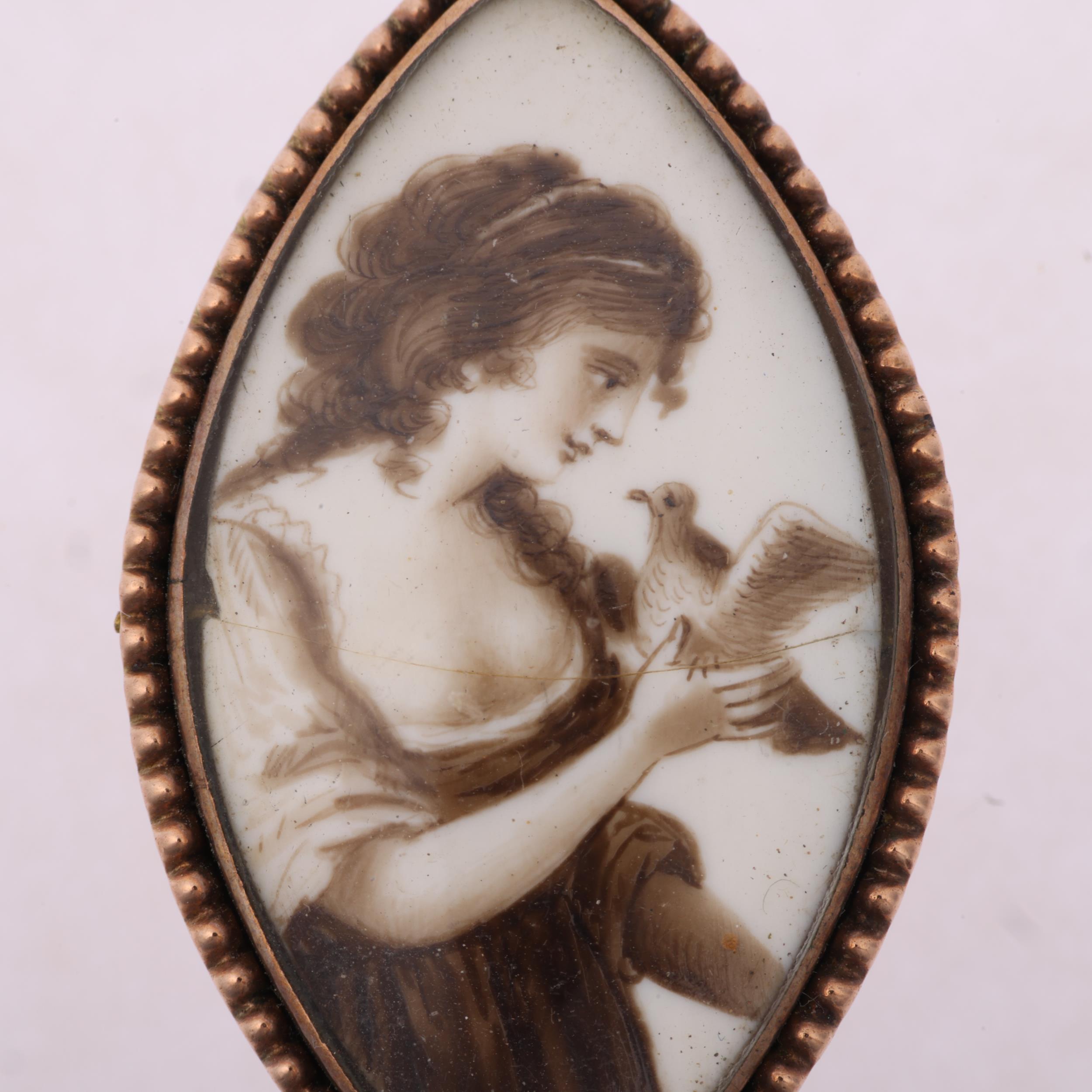 A Georgian navette miniature portrait mourning pendant, circa 1800, central miniature sepia - Image 2 of 4
