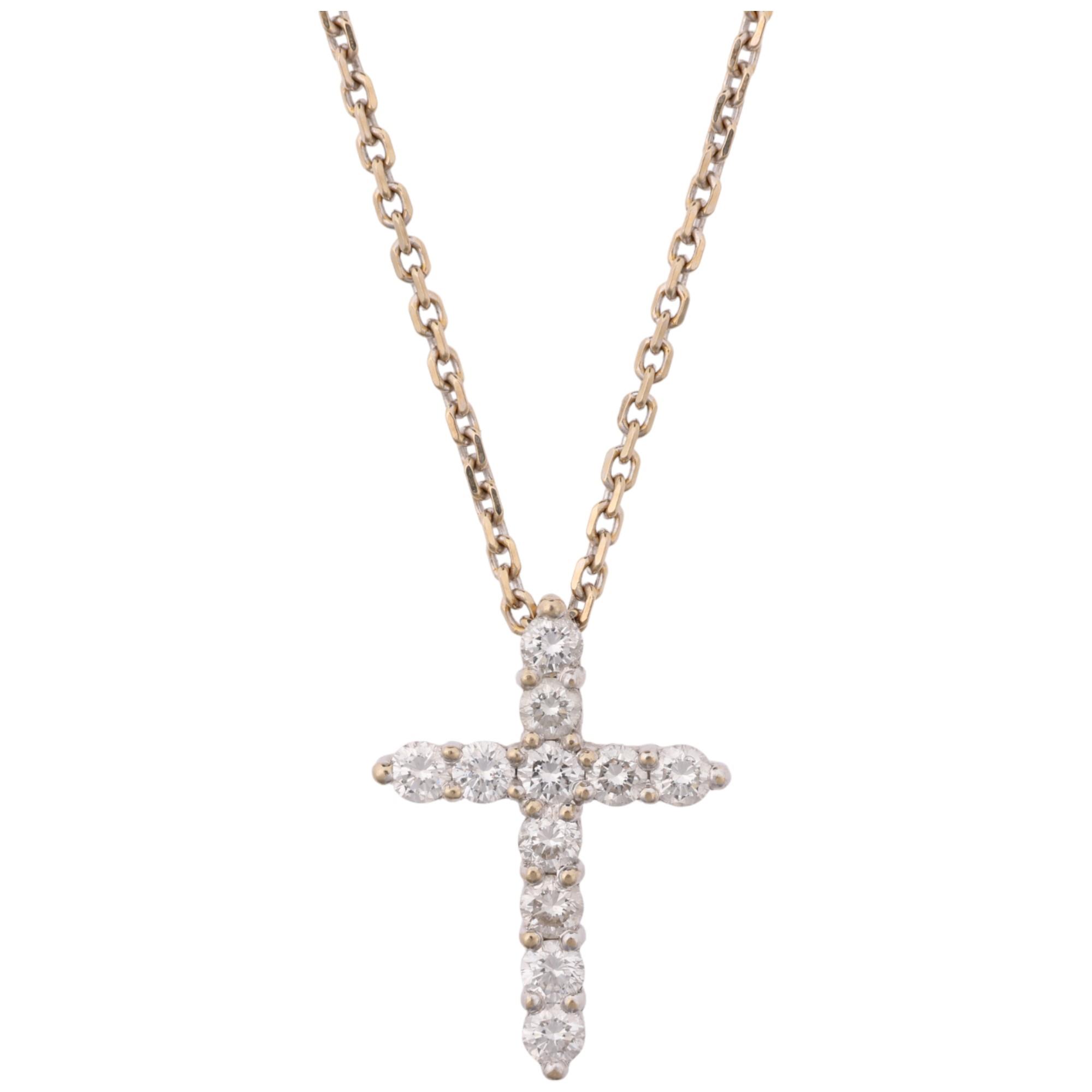 An 18ct white gold diamond cross pendant necklace, claw set with modern round brilliant-cut