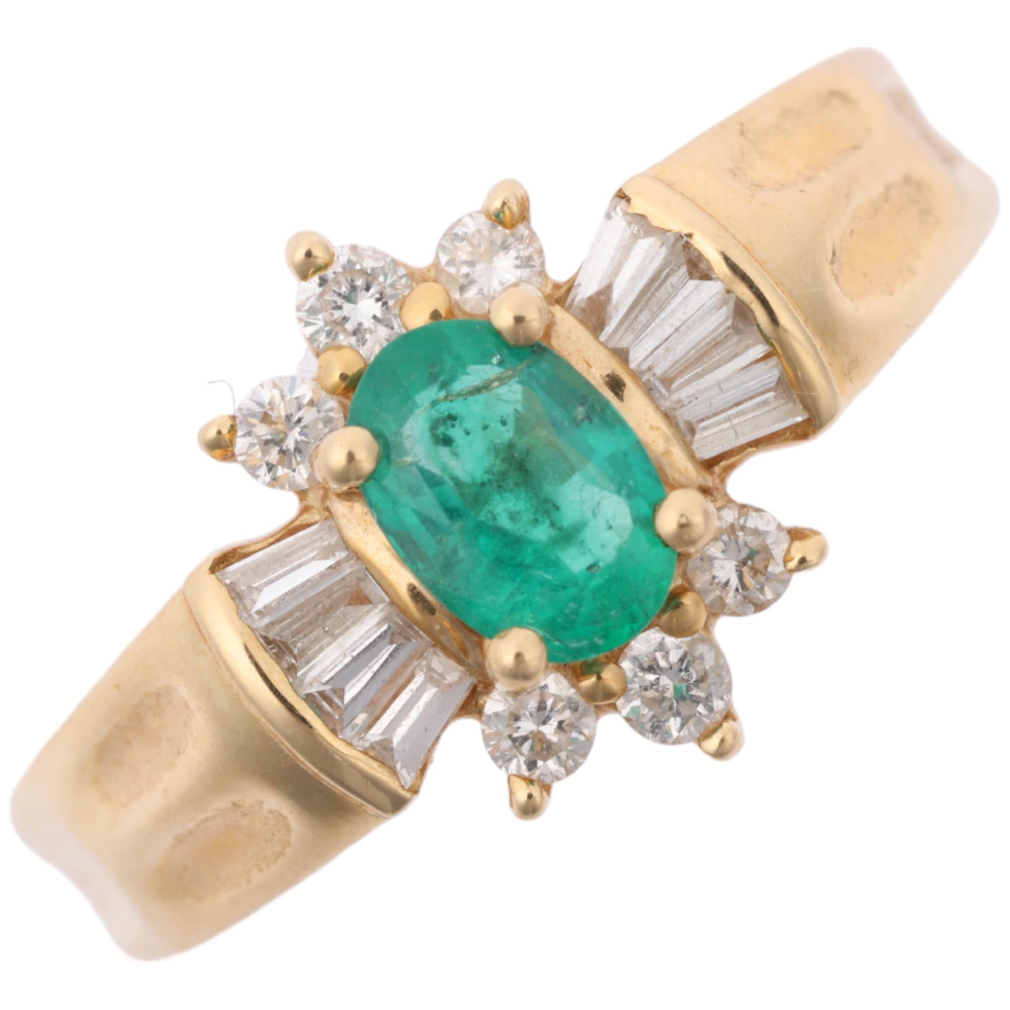 A Continental 14ct emerald and diamond flowerhead cluster ring, set with oval mixed-cut emerald with