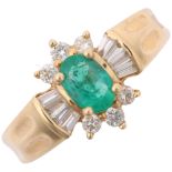 A Continental 14ct emerald and diamond flowerhead cluster ring, set with oval mixed-cut emerald with