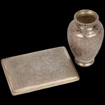 A Persian silver cigarette case and small vase, both signed, allover relief embossed bird and floral