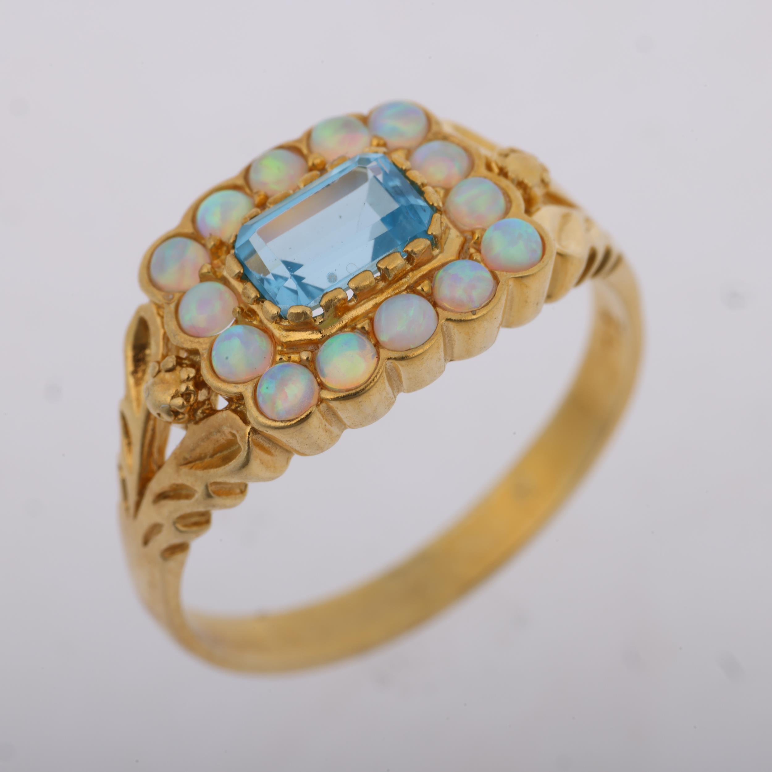 A modern silver-gilt blue topaz and synthetic opal cluster ring, in the Georgian style, setting - Image 2 of 3