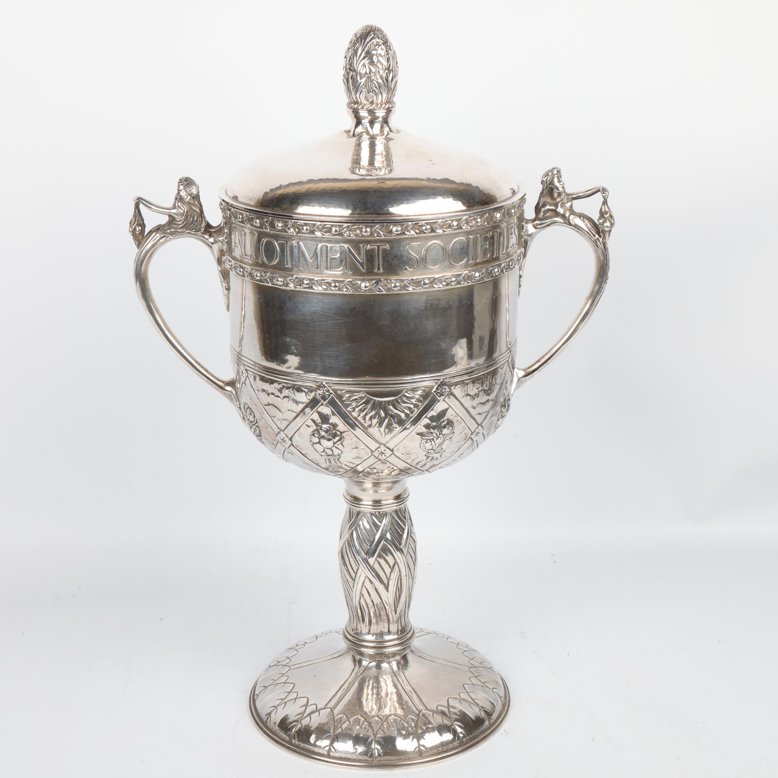 An impressive and unique Arts and Crafts George V silver 2-handled presentation trophy cup and - Image 2 of 3