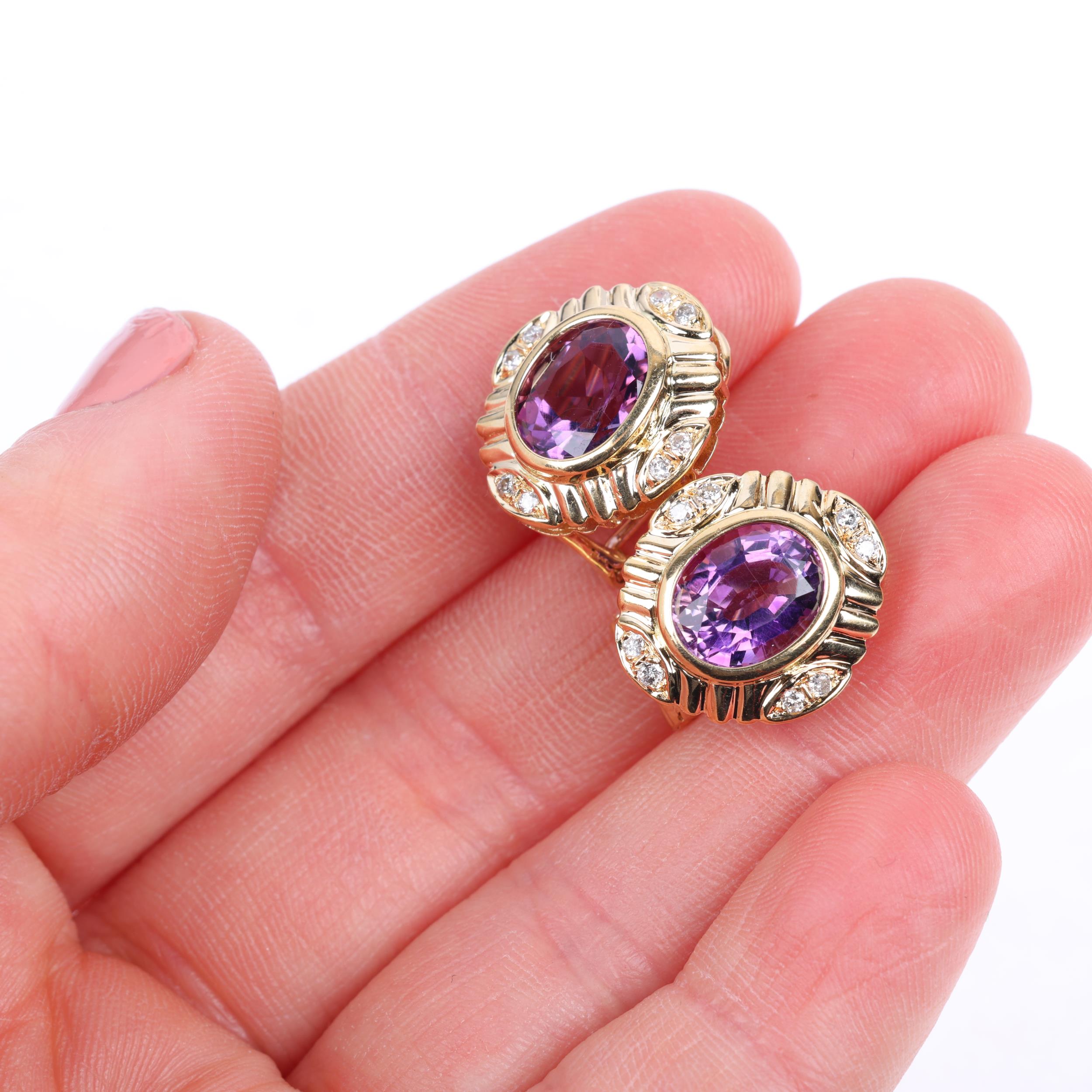 A pair of Italian 18ct gold amethyst and diamond earrings, rub-over set with oval mixed-cut - Image 4 of 4
