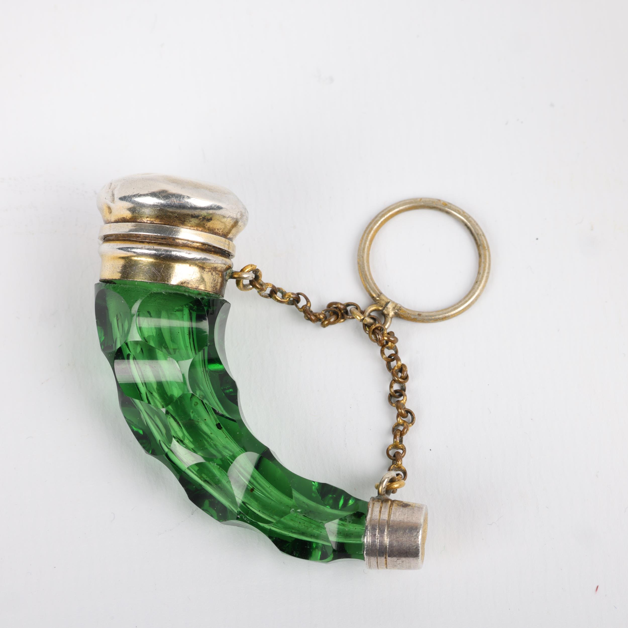 A Victorian miniature silver-mounted green glass cornucopia scent bottle, the faceted glass body - Image 2 of 3