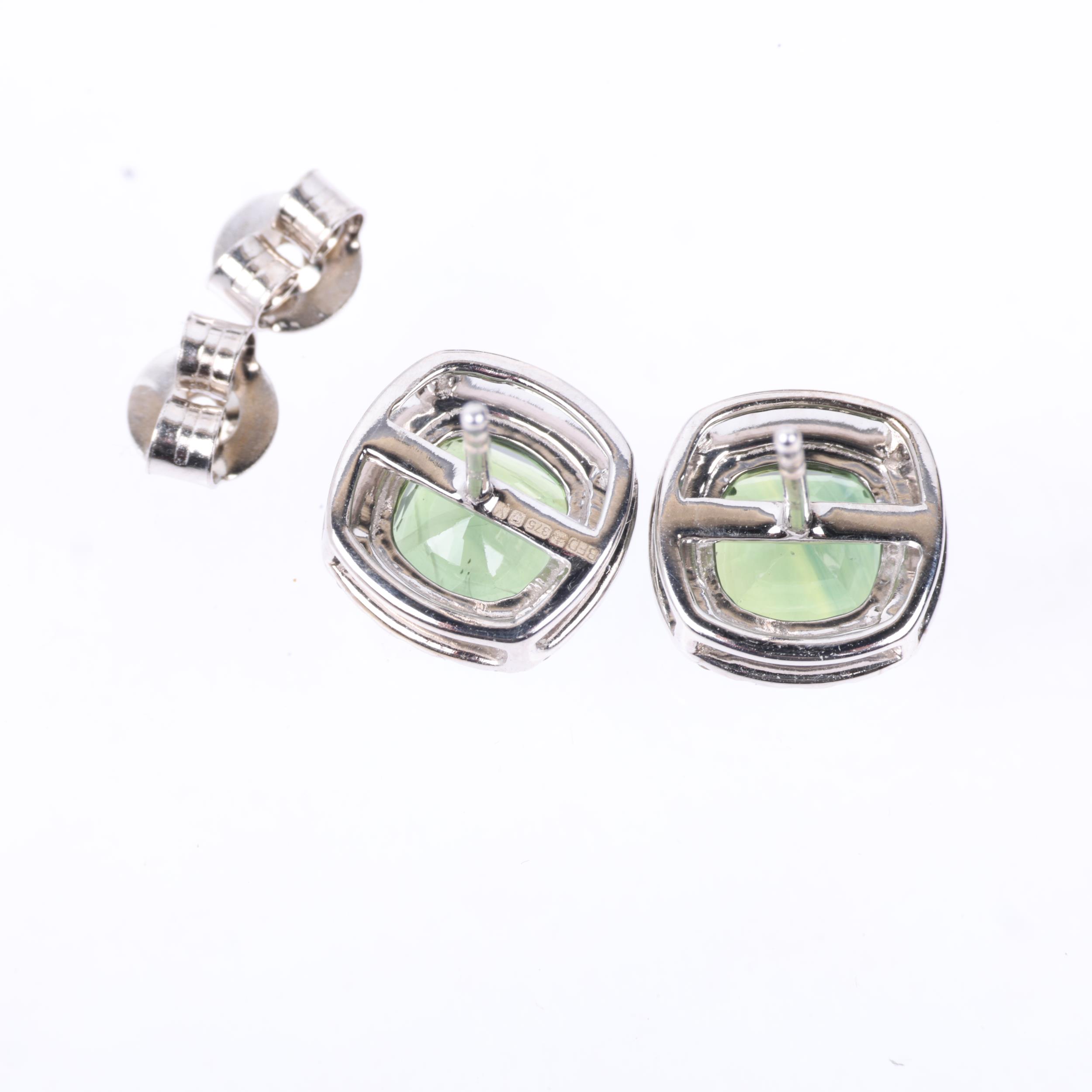 A pair of 9ct white gold demantoid garnet and diamond square cluster earrings, set with modern round - Image 3 of 4