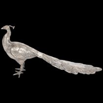 A large Antique German 800 silver figural peacock bird scent bottle/table scatter, circa 1900, 29cm,