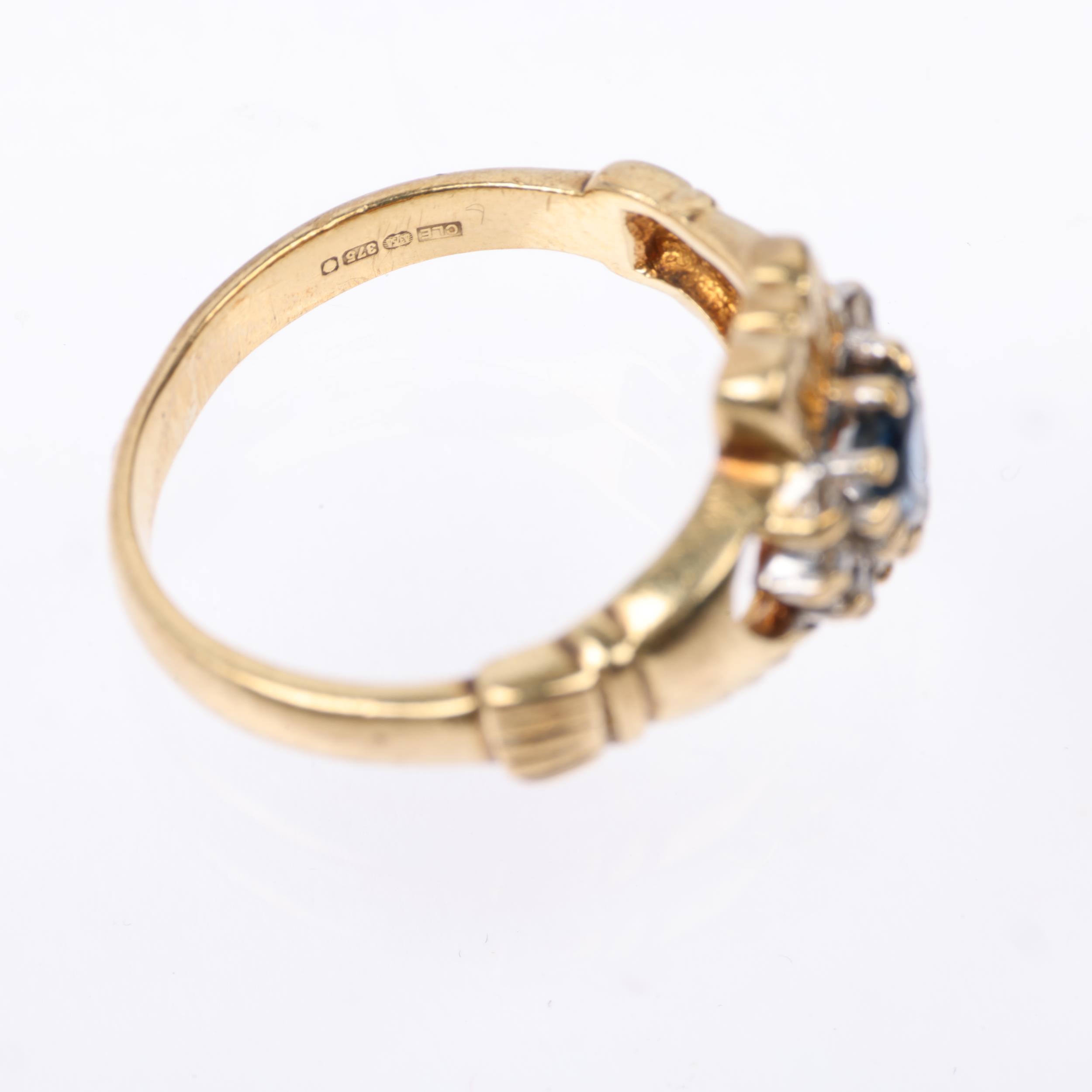 **WITHDRAWN** A modern 9ct gold sapphire and diamond heart cluster Claddagh ring, total diamond - Image 3 of 4
