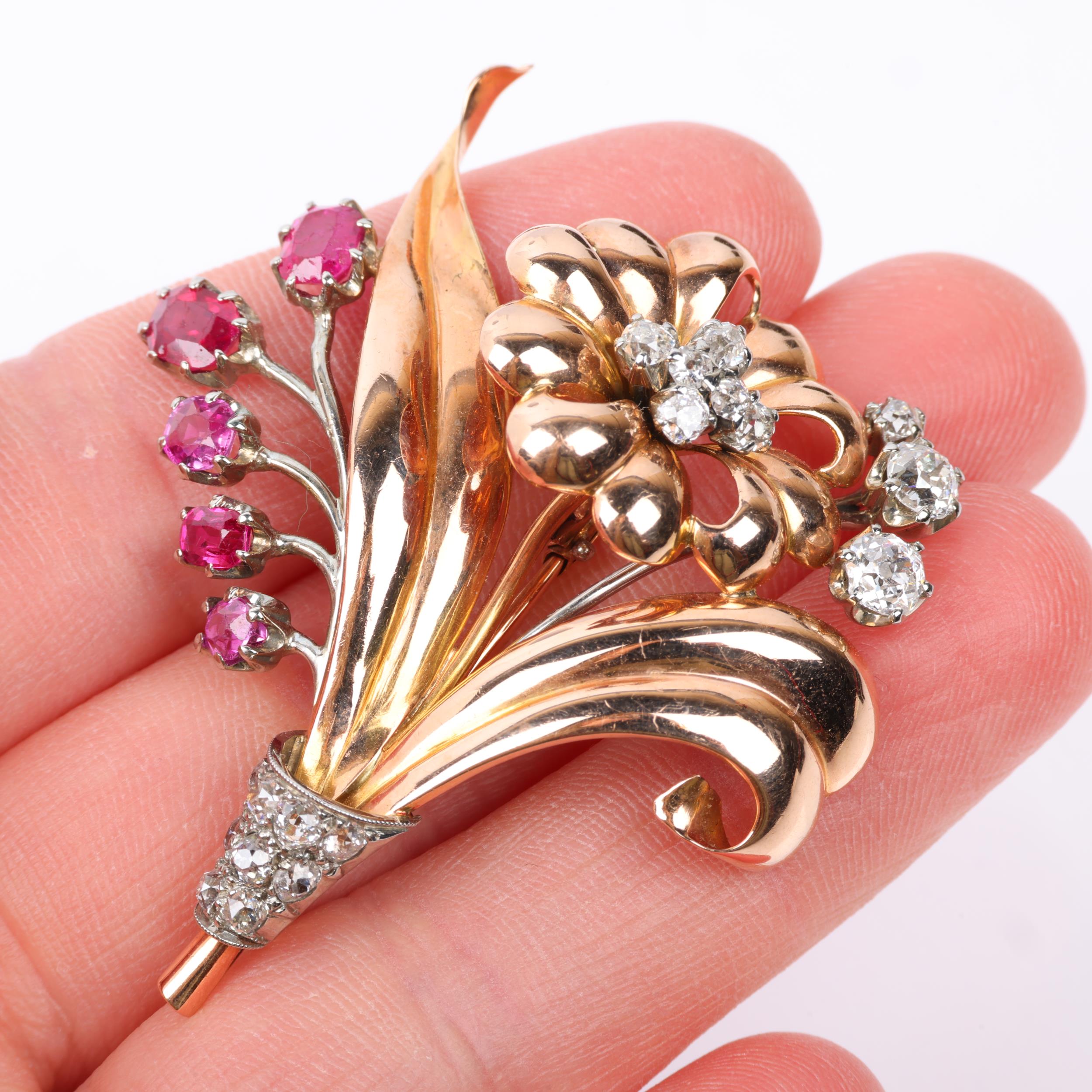 A 1950s 18ct rose gold ruby and diamond floral spray brooch, maker CBC?, set with oval mixed-cut - Image 4 of 4