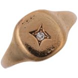 A 9ct gold solitaire diamond signet ring, indistinct hallmarks, setting height 9.5mm, size L, 1.9g