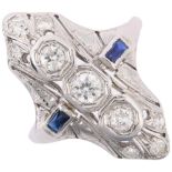 An Art Deco style sapphire and diamond panel ring, set with old European and eight-cut diamonds,