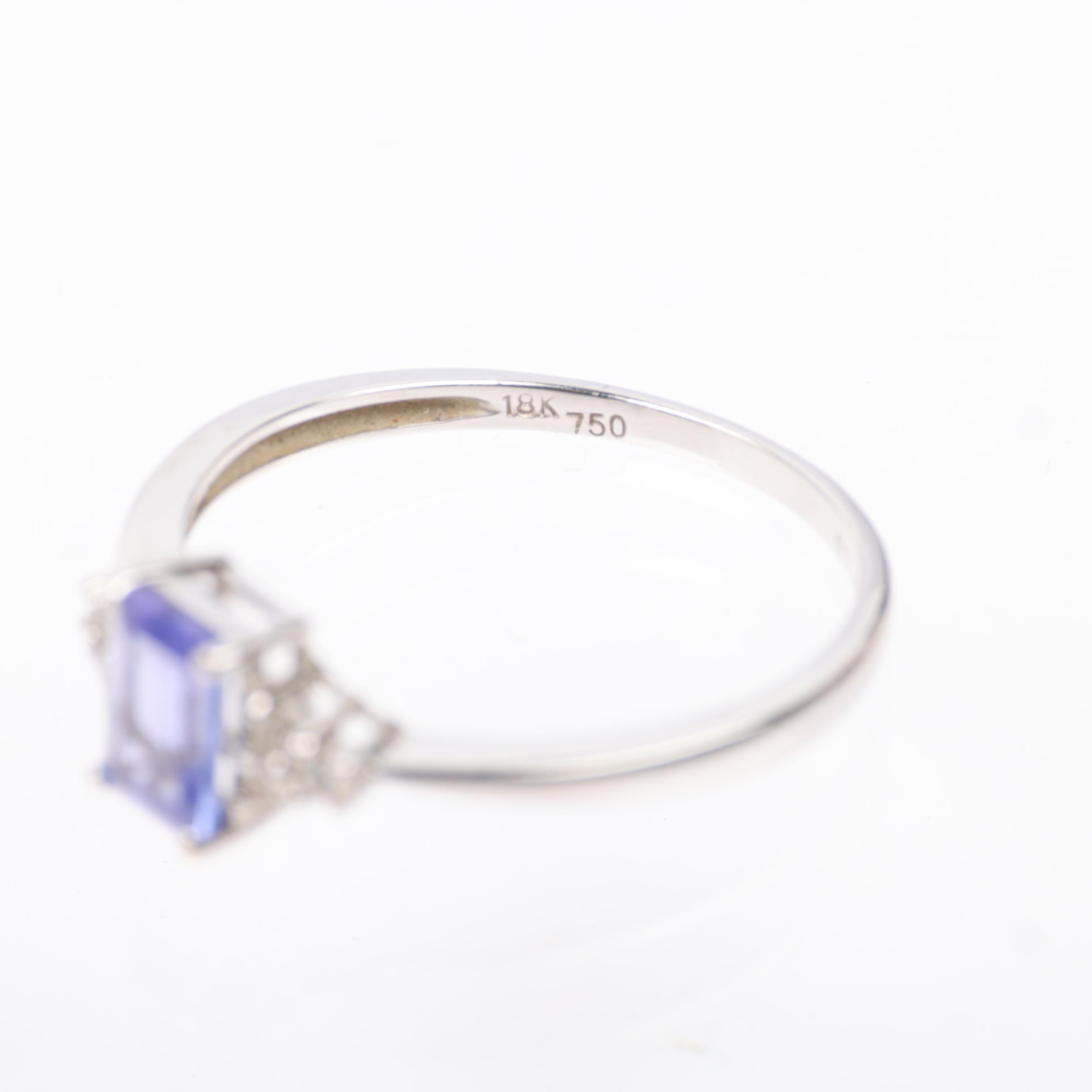 A modern 18ct white gold tanzanite and diamond dress ring, setting height 6.4mm, size M, 1.6g - Image 3 of 4