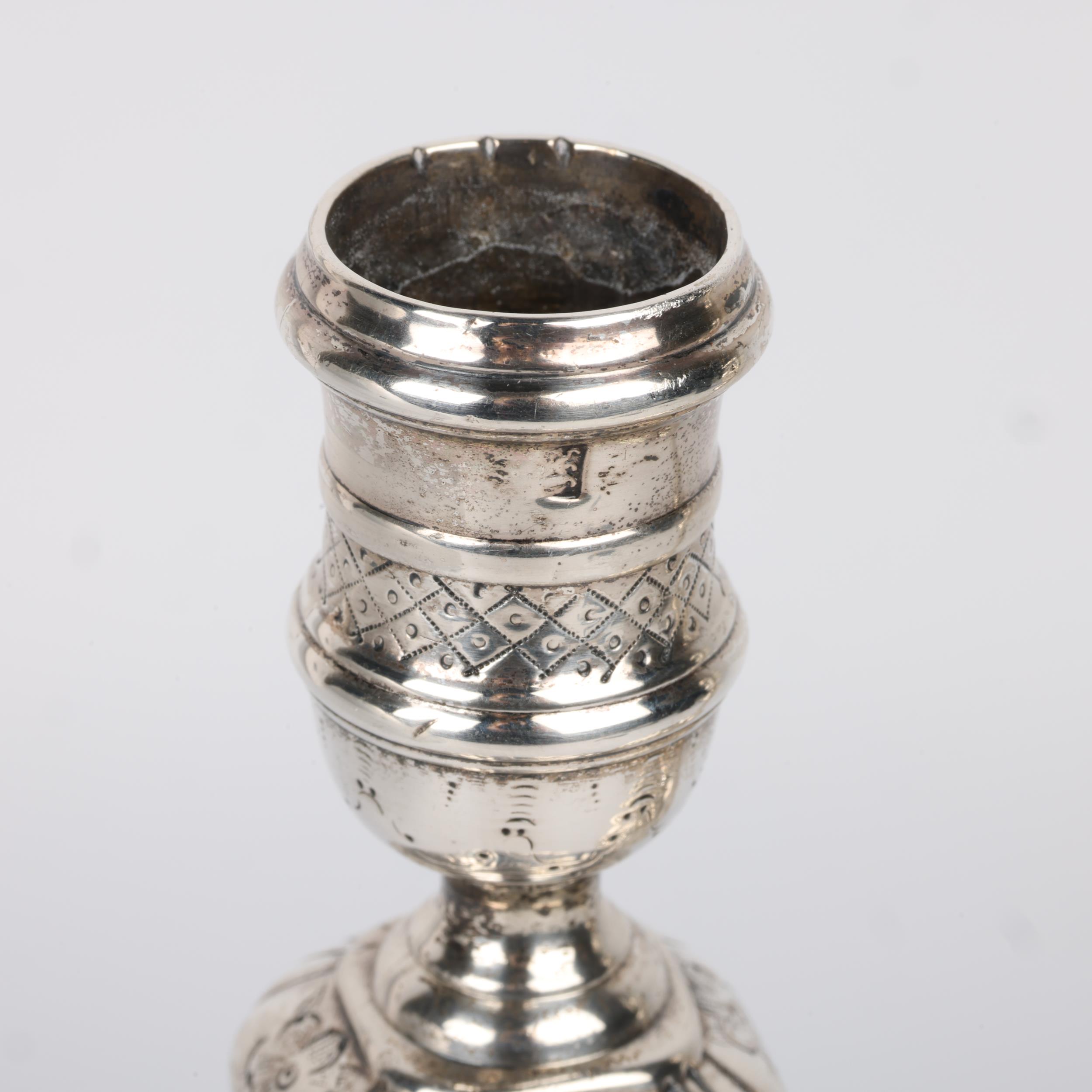 A pair of George II silver table candlesticks, Joseph Bird, London 1732, bright-cut engraved - Image 2 of 3