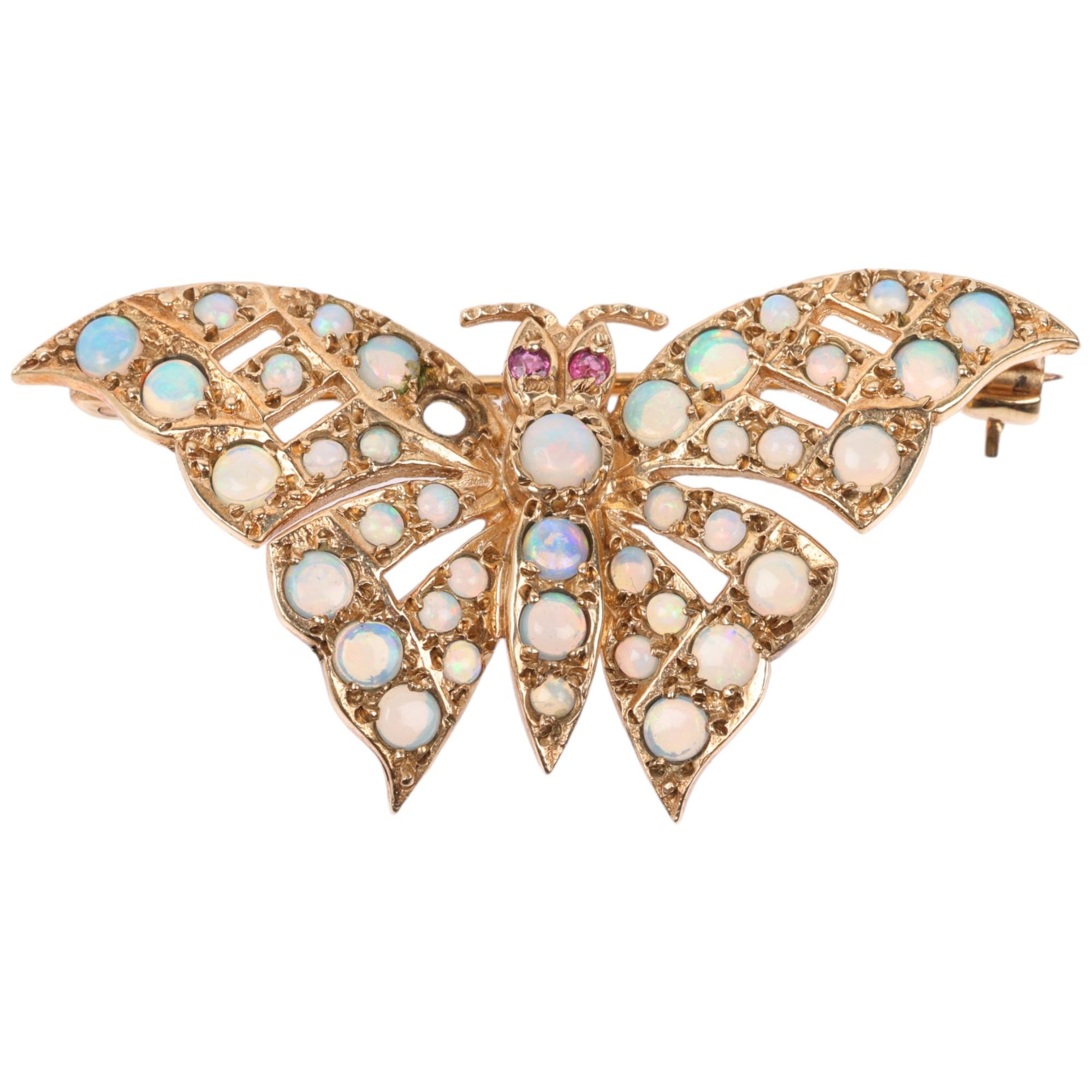 A late 20th century 9ct gold ruby and opal figural butterfly brooch, maker HBJ, London 1984,