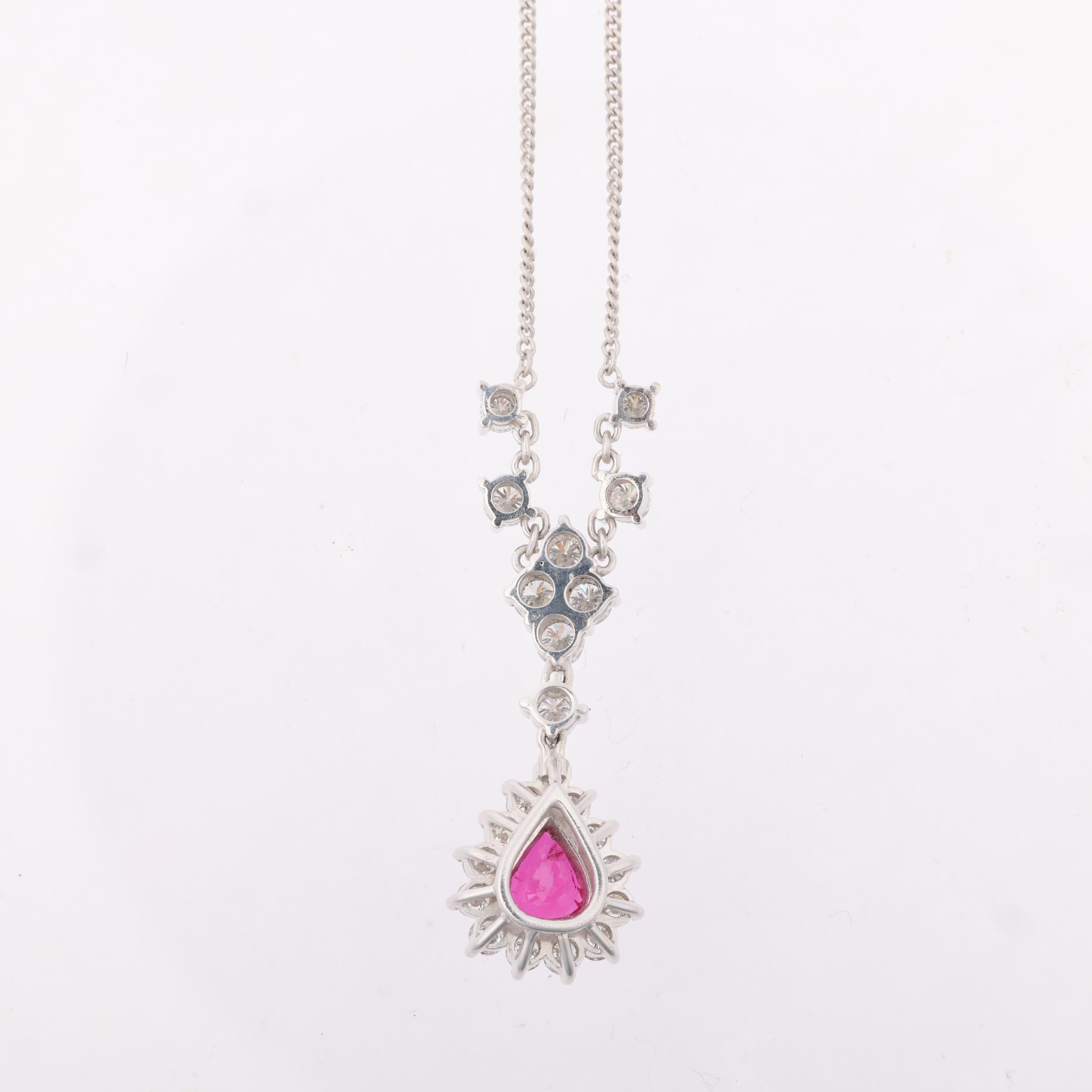 An 18ct white gold synthetic? ruby and diamond pear cluster drop pendant necklace, maker CC, - Image 3 of 4