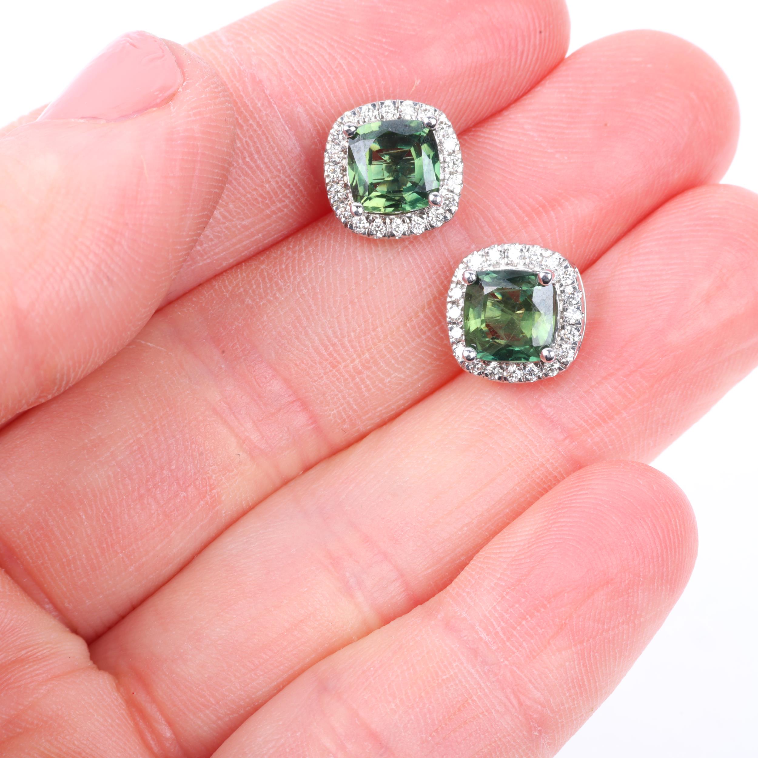 A pair of 9ct white gold demantoid garnet and diamond square cluster earrings, set with modern round - Image 4 of 4