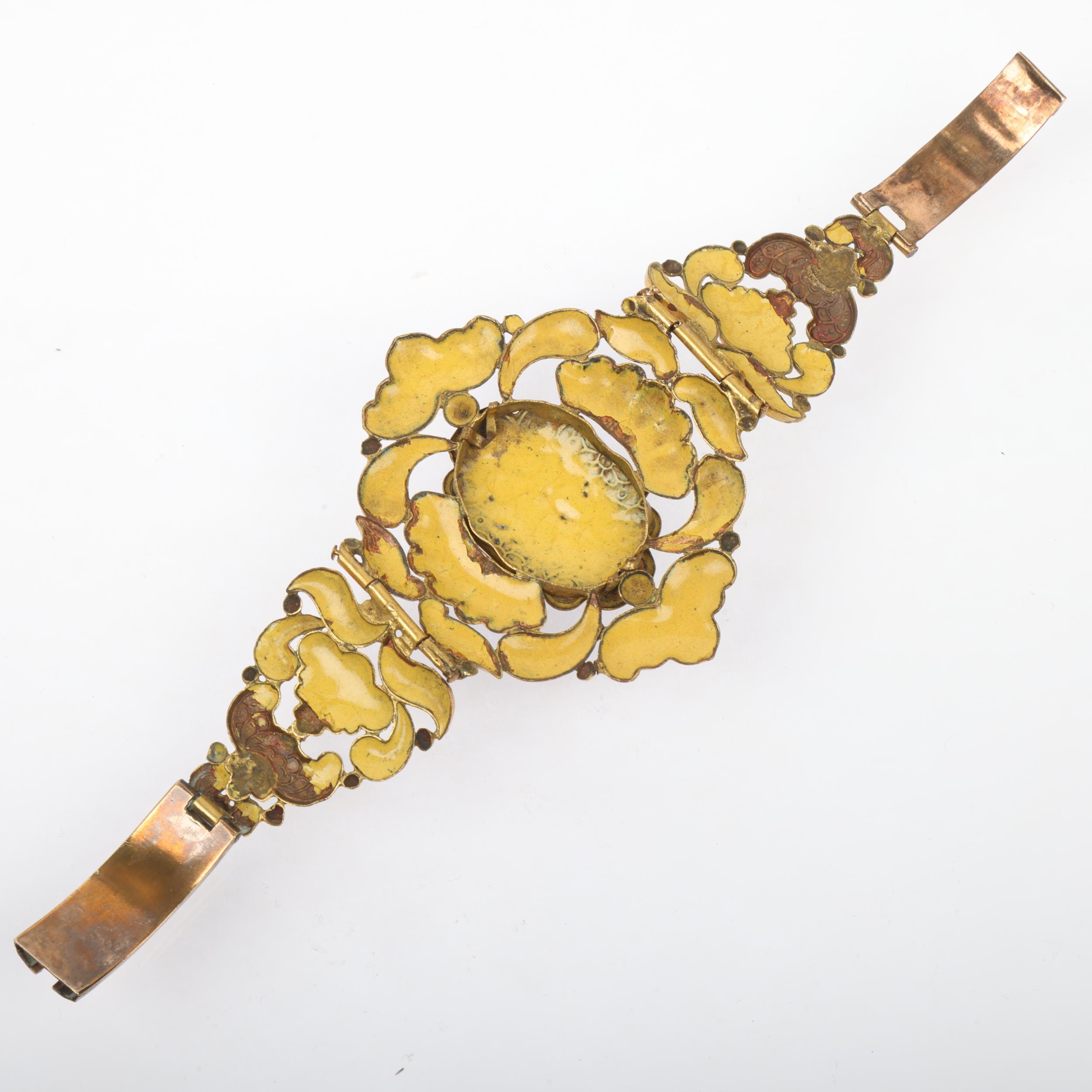A large 19th century Austro-Hungarian gilt-metal enamel floral panel bracelet, setting height 63. - Image 3 of 3