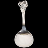 A large Art Nouveau style Danish stylised silver floral serving spoon, circa 1949, 22.5cm, 3.1oz