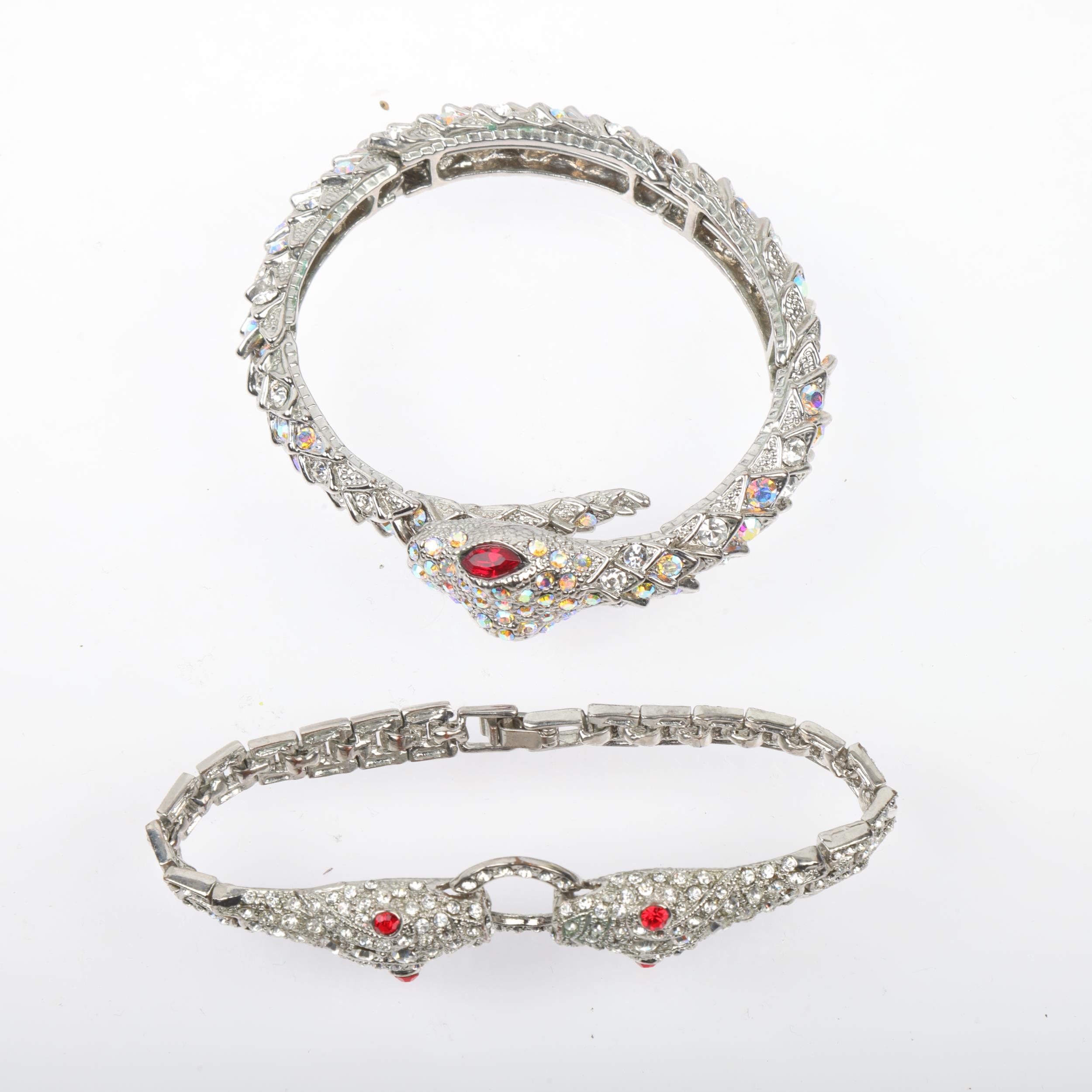 BUTLER & WILSON - a Vintage chrome plated rhinestone snake bangle and bracelet, internal - Image 2 of 3