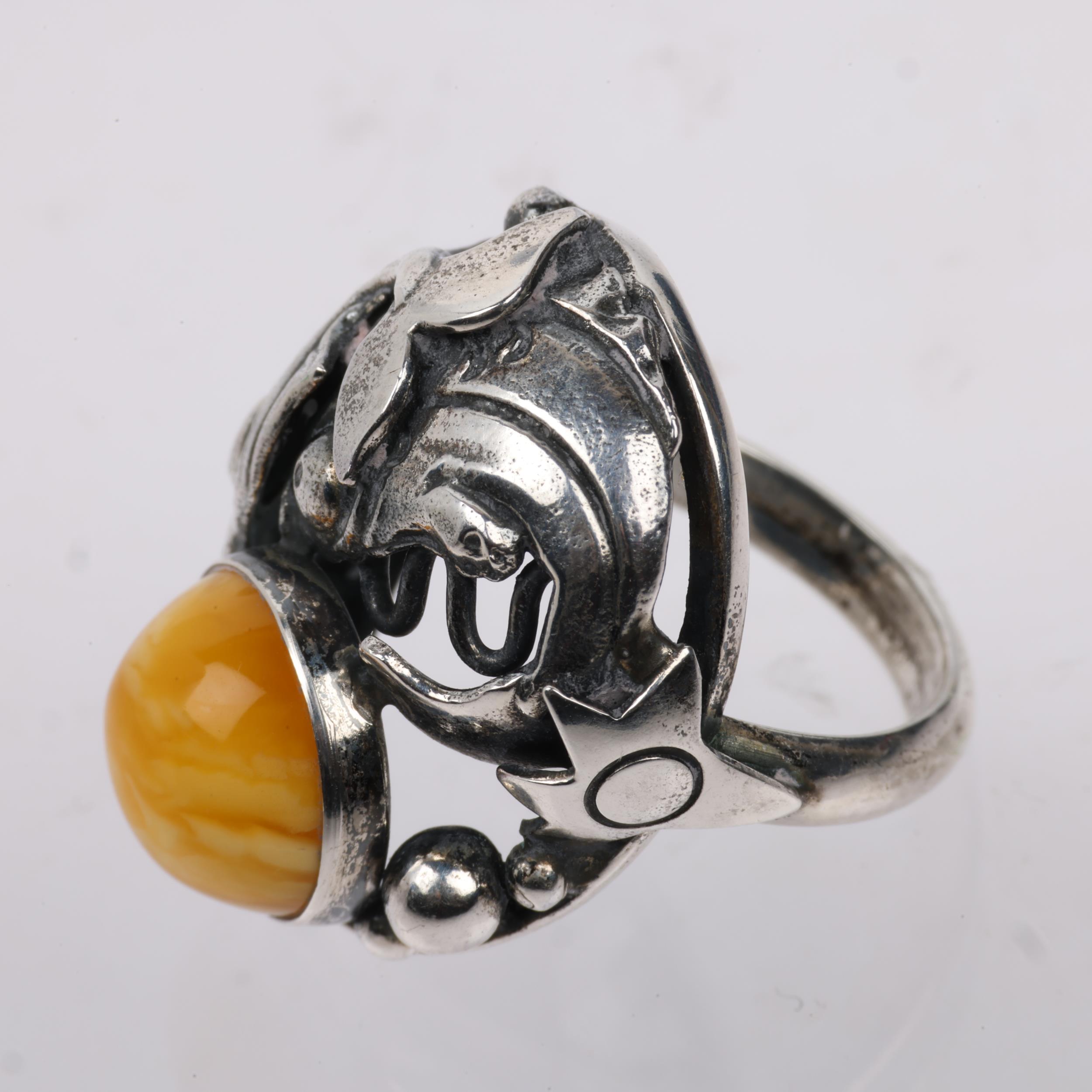 NIELS ERIK FROM - an Art Nouveau style Danish sterling silver and butterscotch amber fish openwork - Image 3 of 3