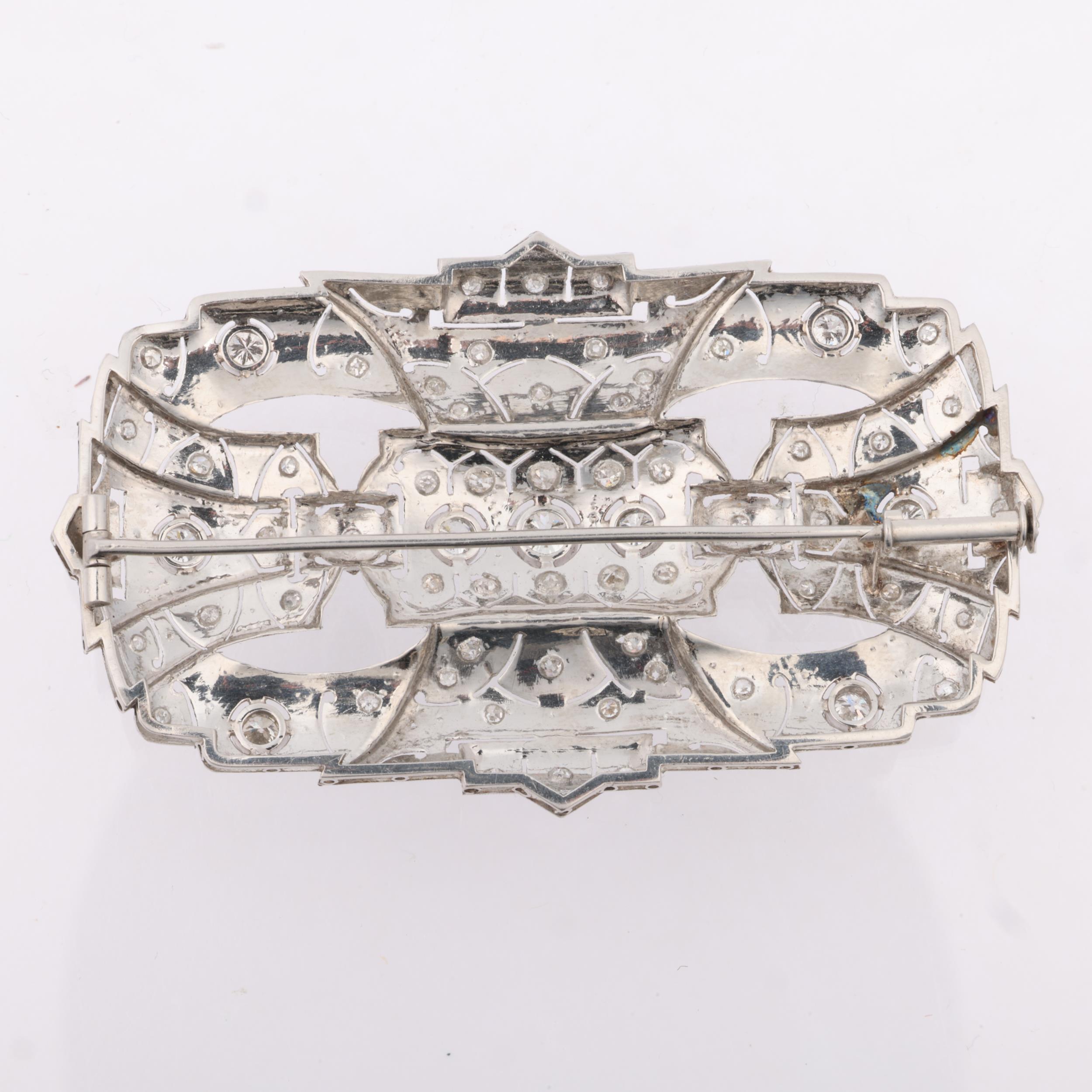 A large Art Deco platinum and diamond geometric panel brooch, set with round brilliant and eight-cut - Image 3 of 4