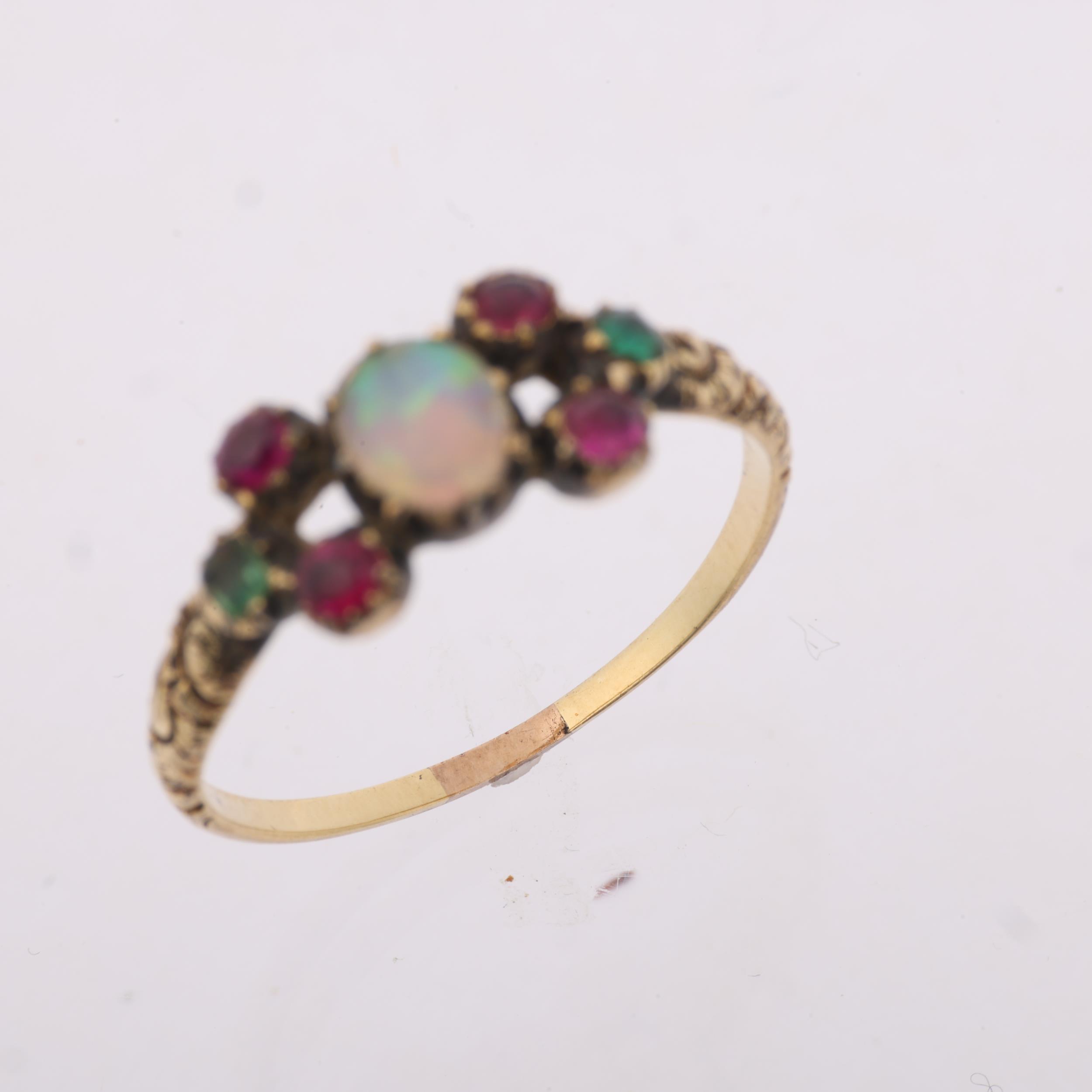 A Georgian opal ruby and chrysolite sweetheart ring, circa 1820, cut-down collet set with oval - Image 3 of 4