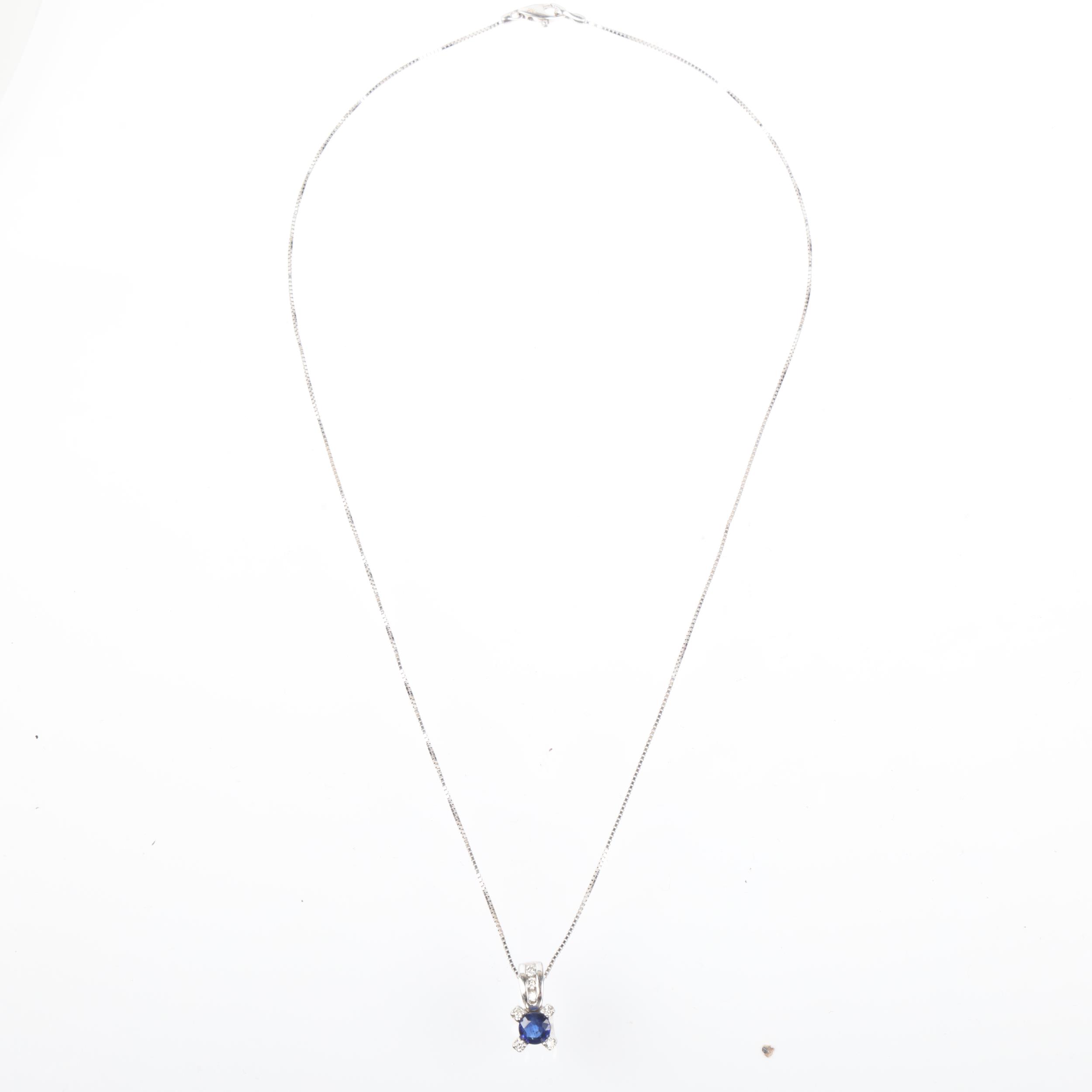 A modern 14ct white gold sapphire and diamond pendant necklace, on 18ct fine box link chain, pendant - Image 2 of 4