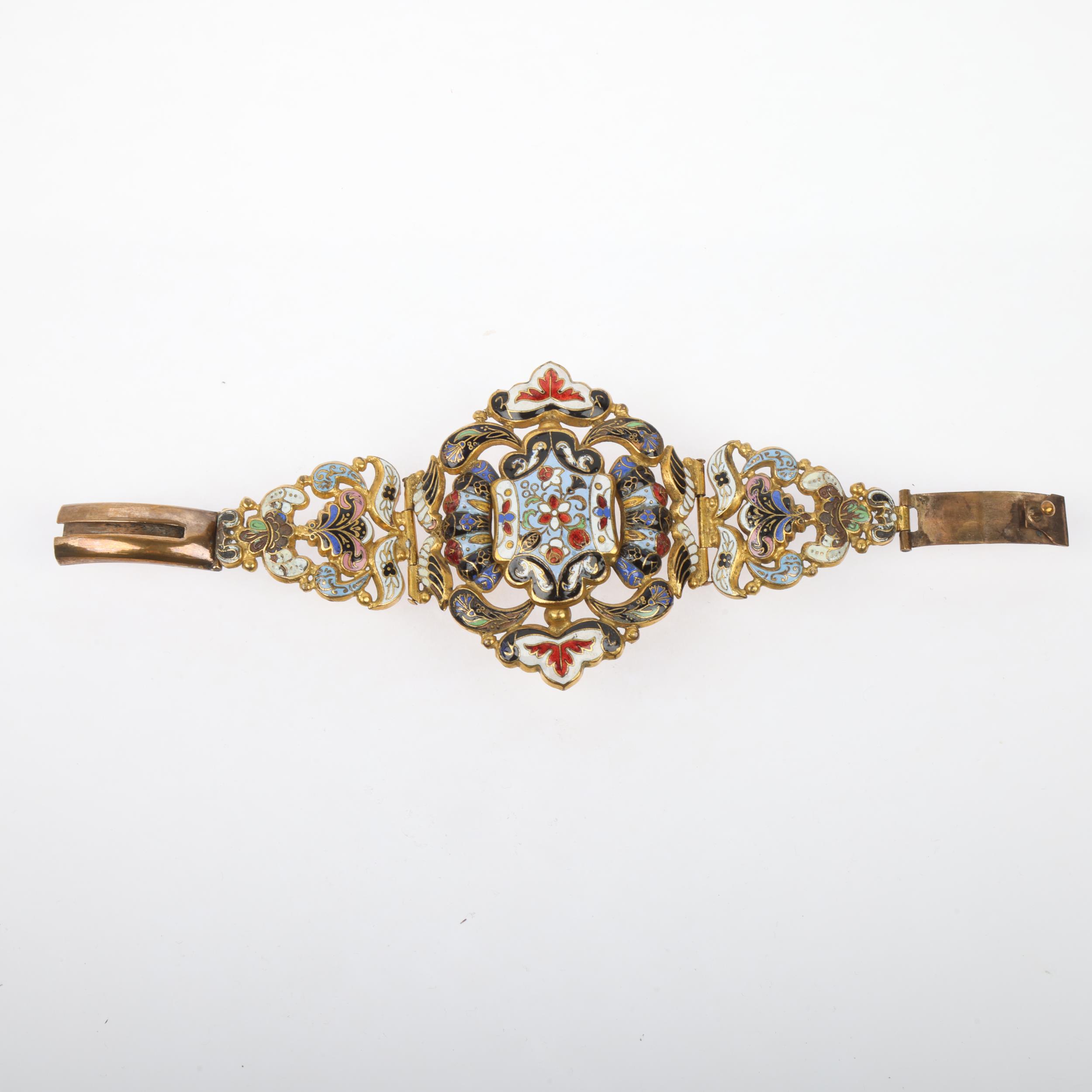 A large 19th century Austro-Hungarian gilt-metal enamel floral panel bracelet, setting height 63. - Image 2 of 3