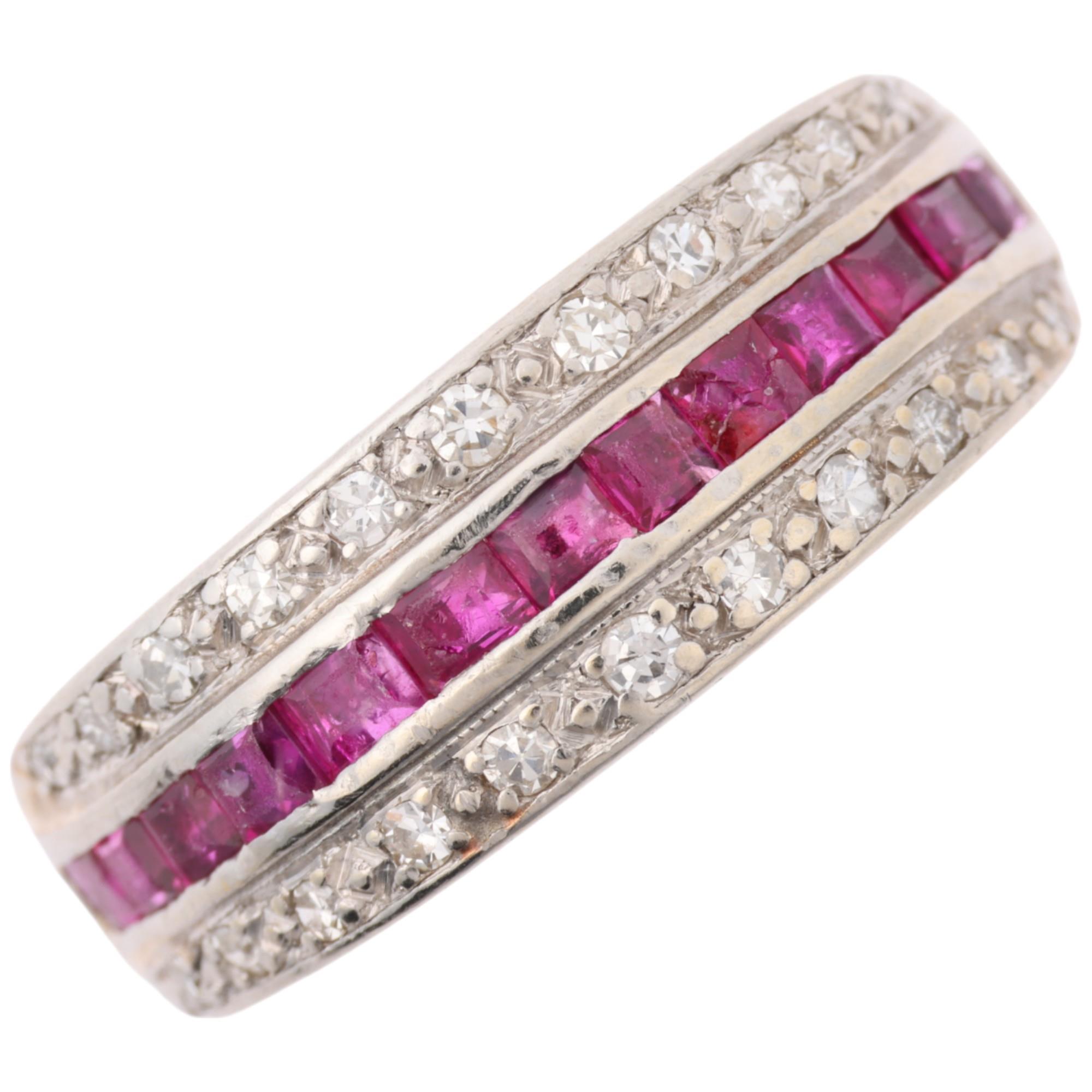 An Art Deco ruby and diamond triple row half eternity ring, circa 1925, channel and pave set with