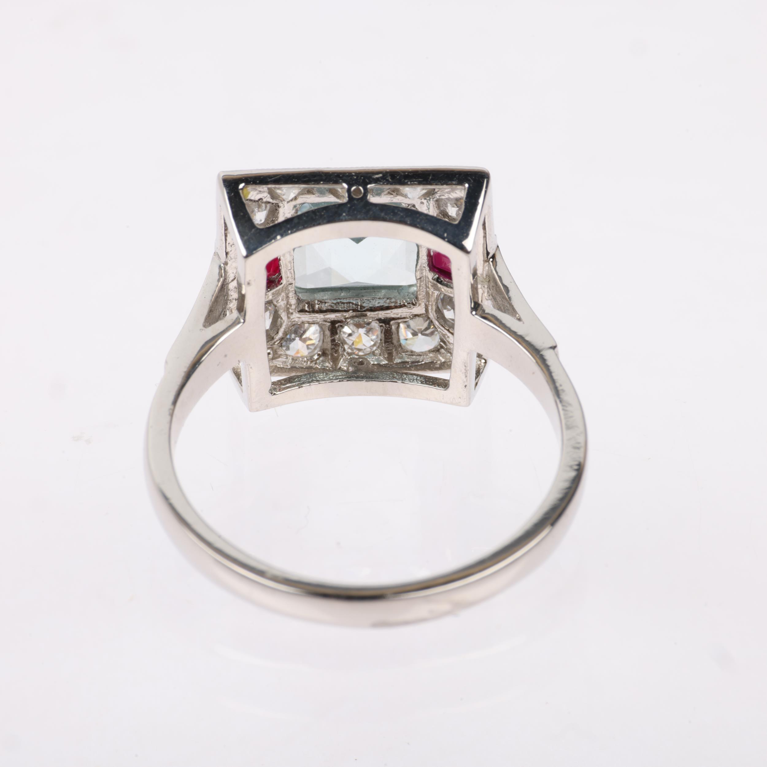 An Art Deco style platinum aquamarine ruby and diamond square panel ring, set with square-cut rubies - Image 3 of 4