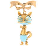 A mid-20th century Italian 18ct gold blue glass figural cat brooch, by Carl Art, circa 1960s, with