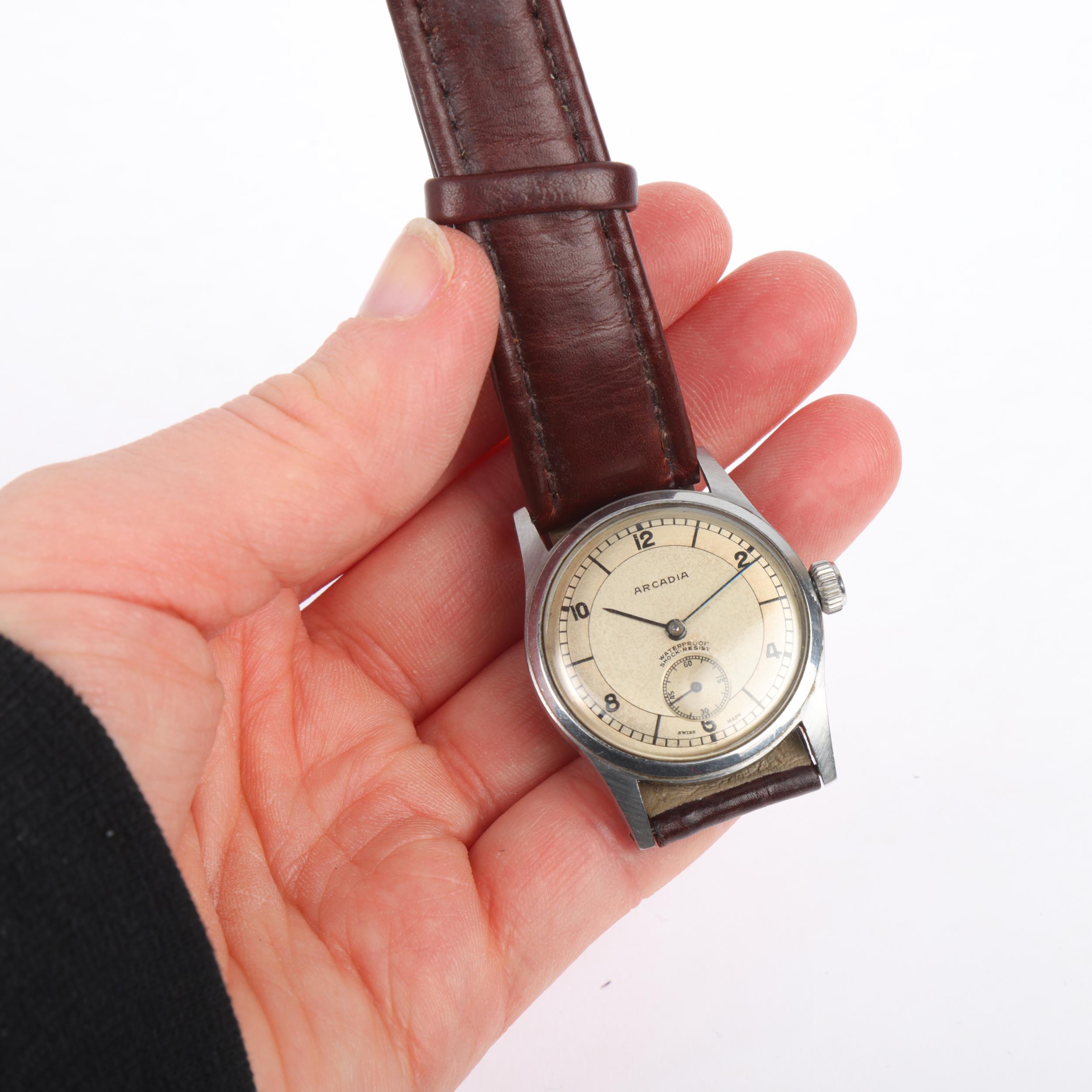 ARCADIA - a Vintage stainless steel mechanical wristwatch, circa 1950s, silvered dial with black - Image 5 of 5