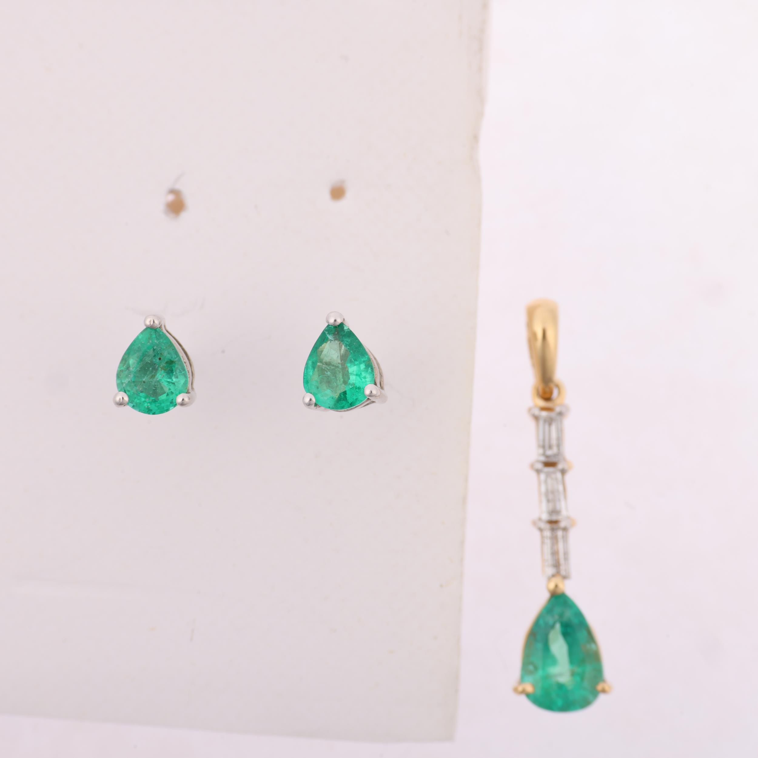 A 14ct gold Zambian emerald and diamond pendant and earring set, claw set with pear-cut emeralds and - Image 2 of 4