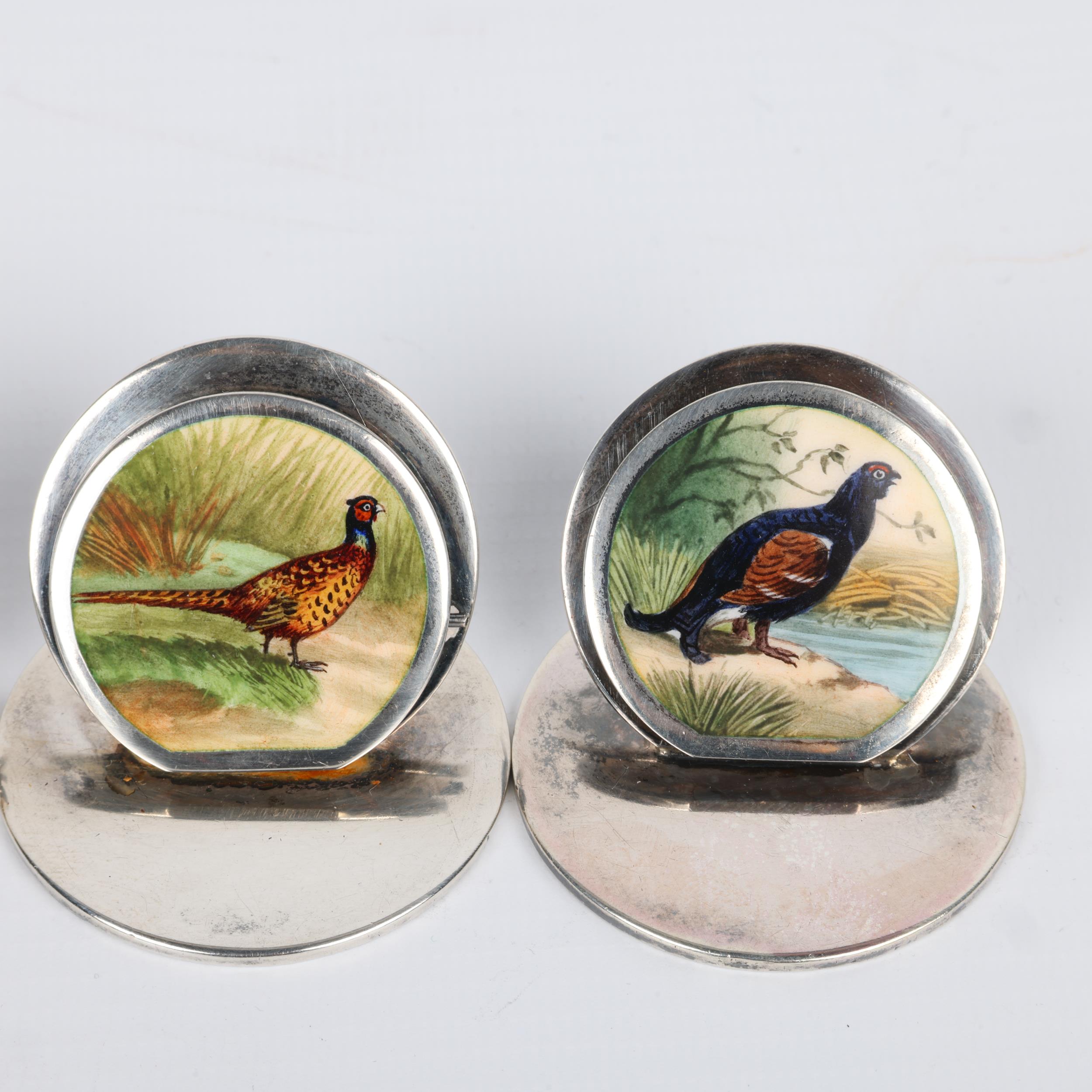 A Fine set of 4 Edwardian silver and enamel 'Game Bird' menu card holders, Sampson Mordan & Co - Image 2 of 3