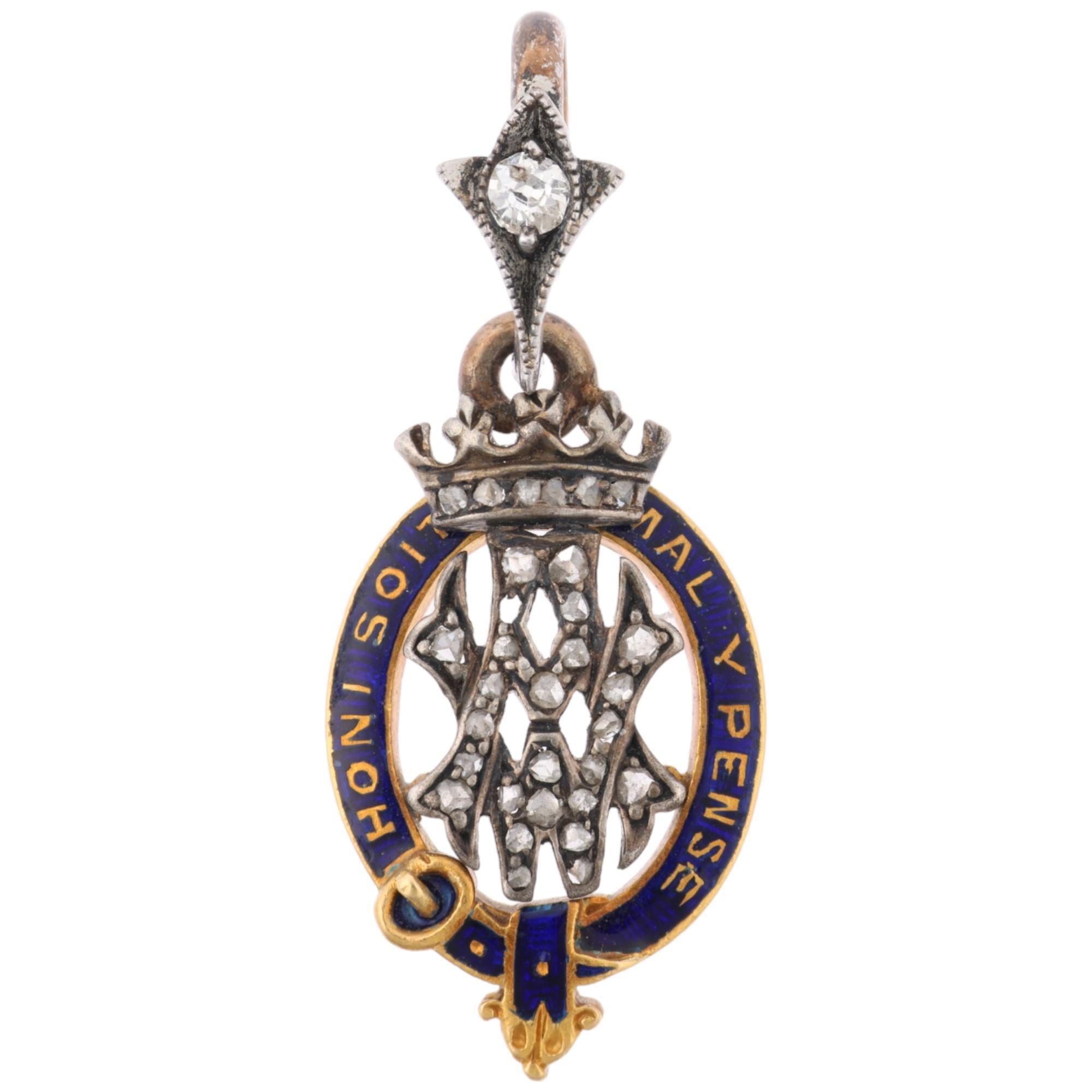An early 20th century miniature diamond and blue enamel Order of the Garter pendant, presented by