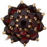 A mid-20th century 9ct gold garnet flowerhead cluster ring, maker H&S, London 1963, setting height