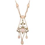 An Art Nouveau Edwardian 15ct gold opal and green tourmaline openwork lavaliere pendant necklace,