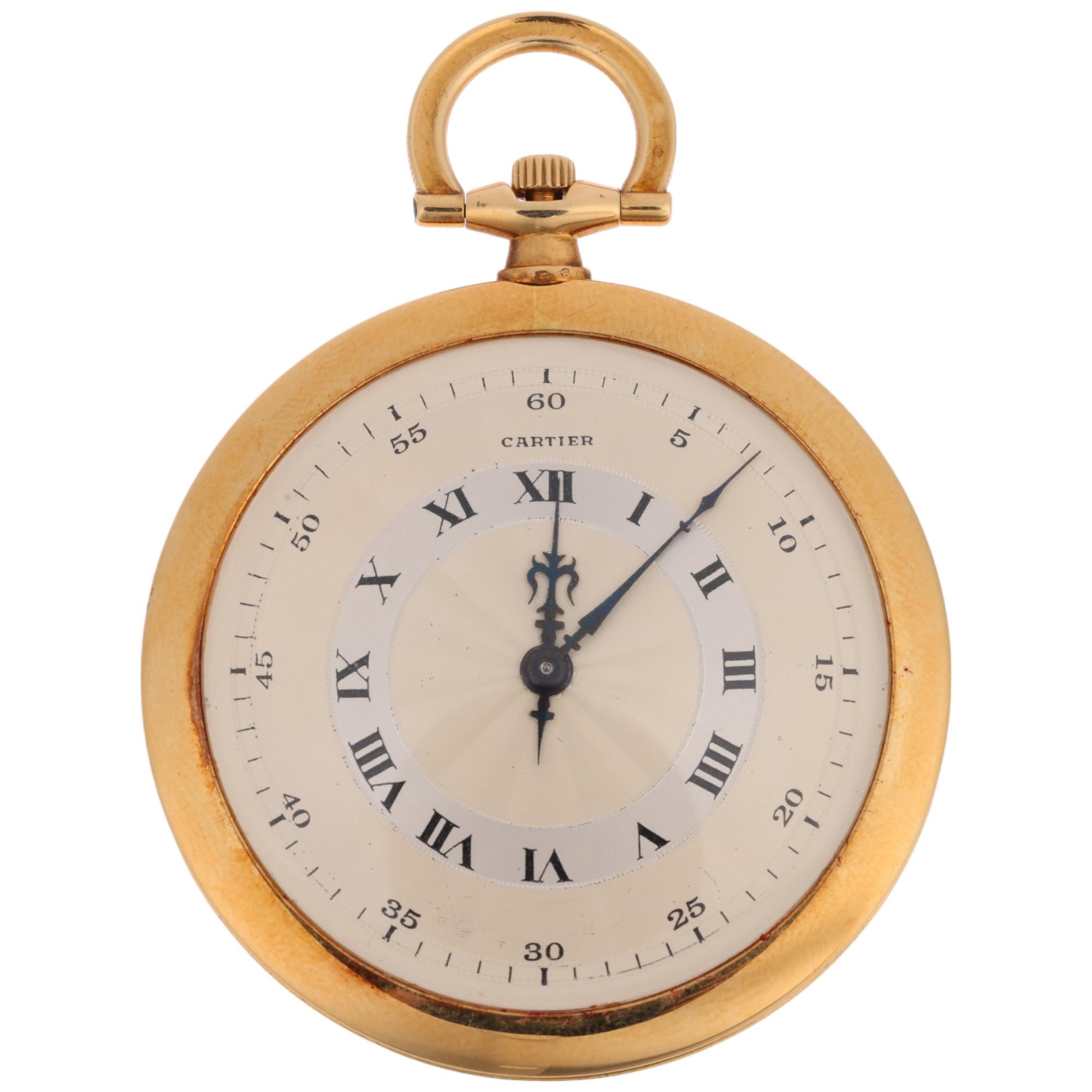 CARTIER - a French Art Deco 18ct gold slimline open-face keyless pocket watch, silvered engine