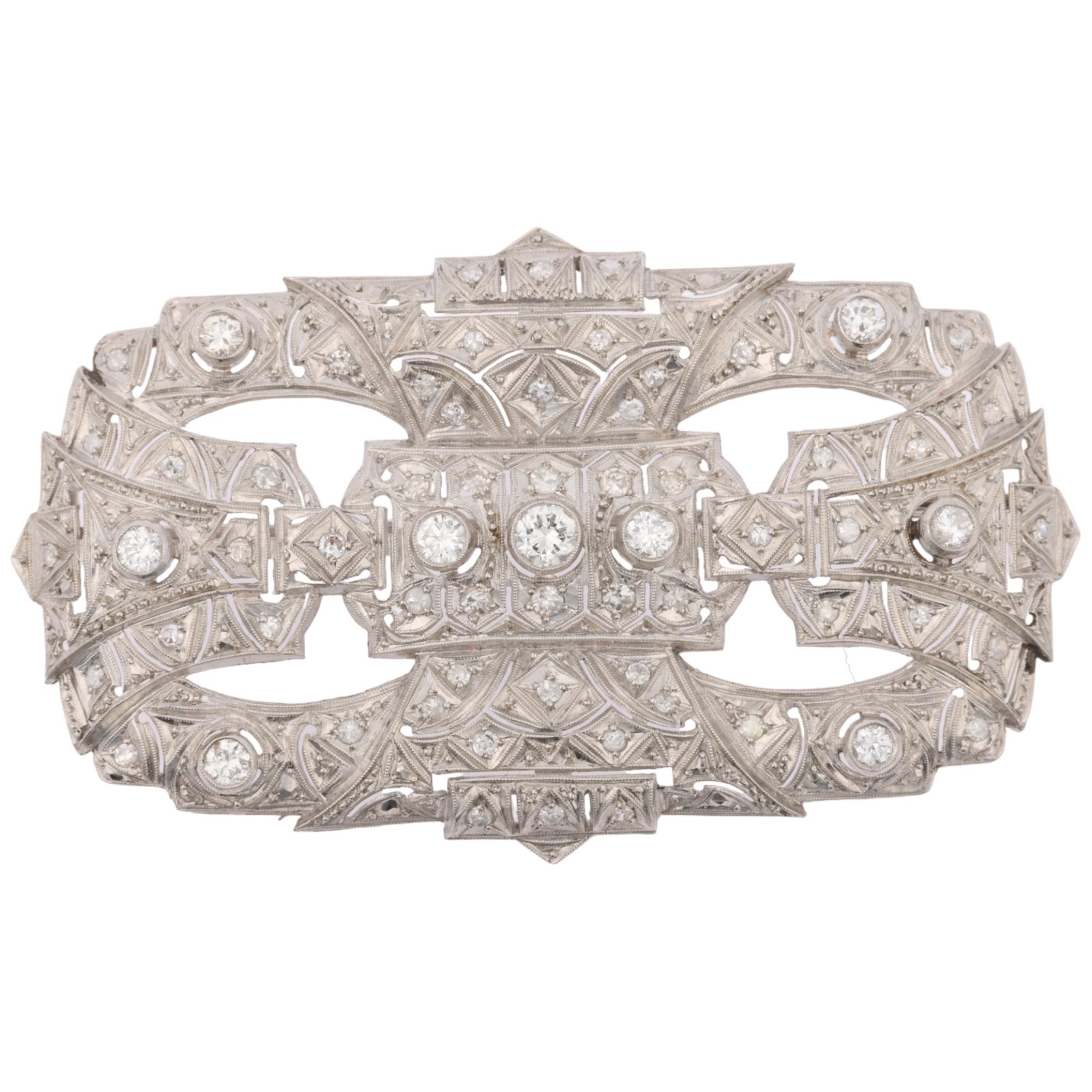 A large Art Deco platinum and diamond geometric panel brooch, set with round brilliant and eight-cut