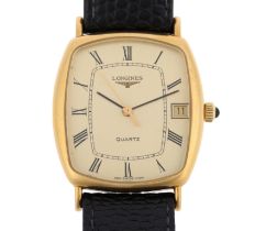 LONGINES - a gold plated stainless steel quartz calendar wristwatch, champagne dial with Roman