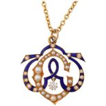 A 19th century pearl diamond and enamel monogram pendant necklace, on 9ct cable link chain,