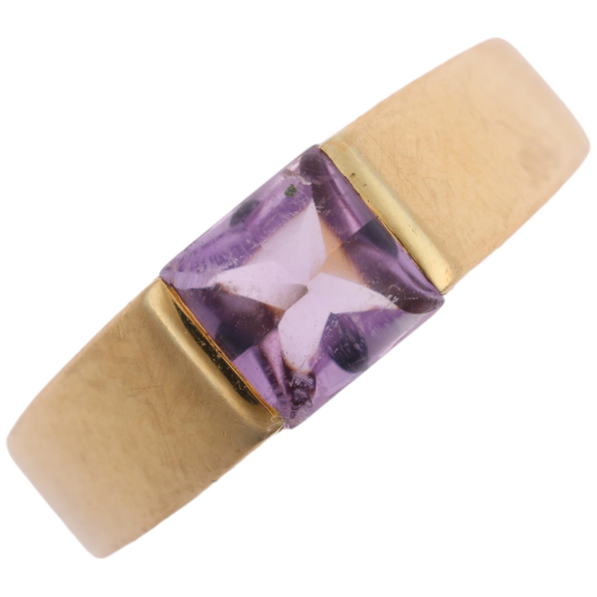 A modern 18ct gold amethyst tank style ring, set with square cabochon amethyst, no maker's marks,