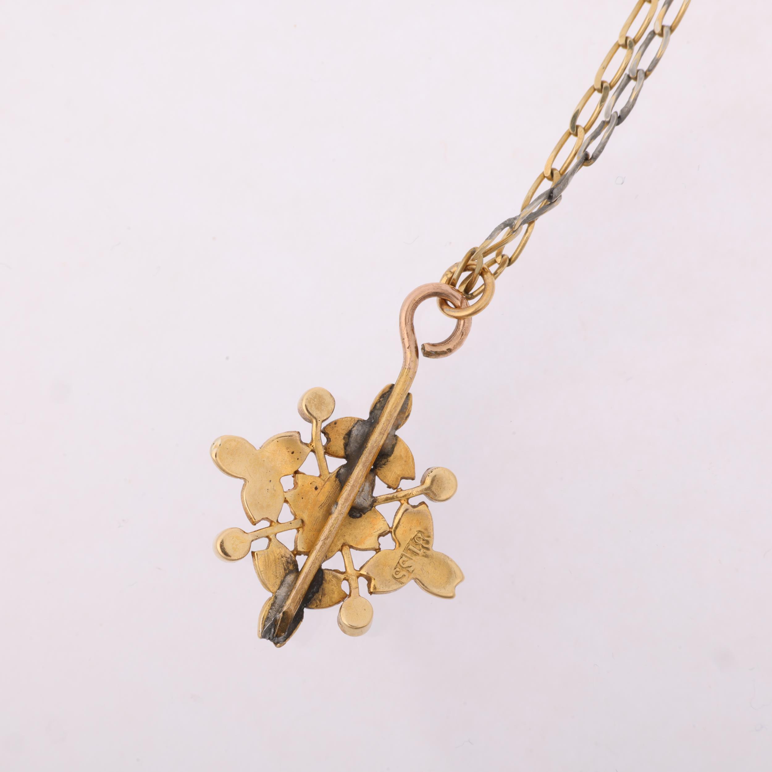 A Victorian 18ct gold turquoise and pearl floral openwork pendant necklace, on 9ct long curb link - Image 3 of 4