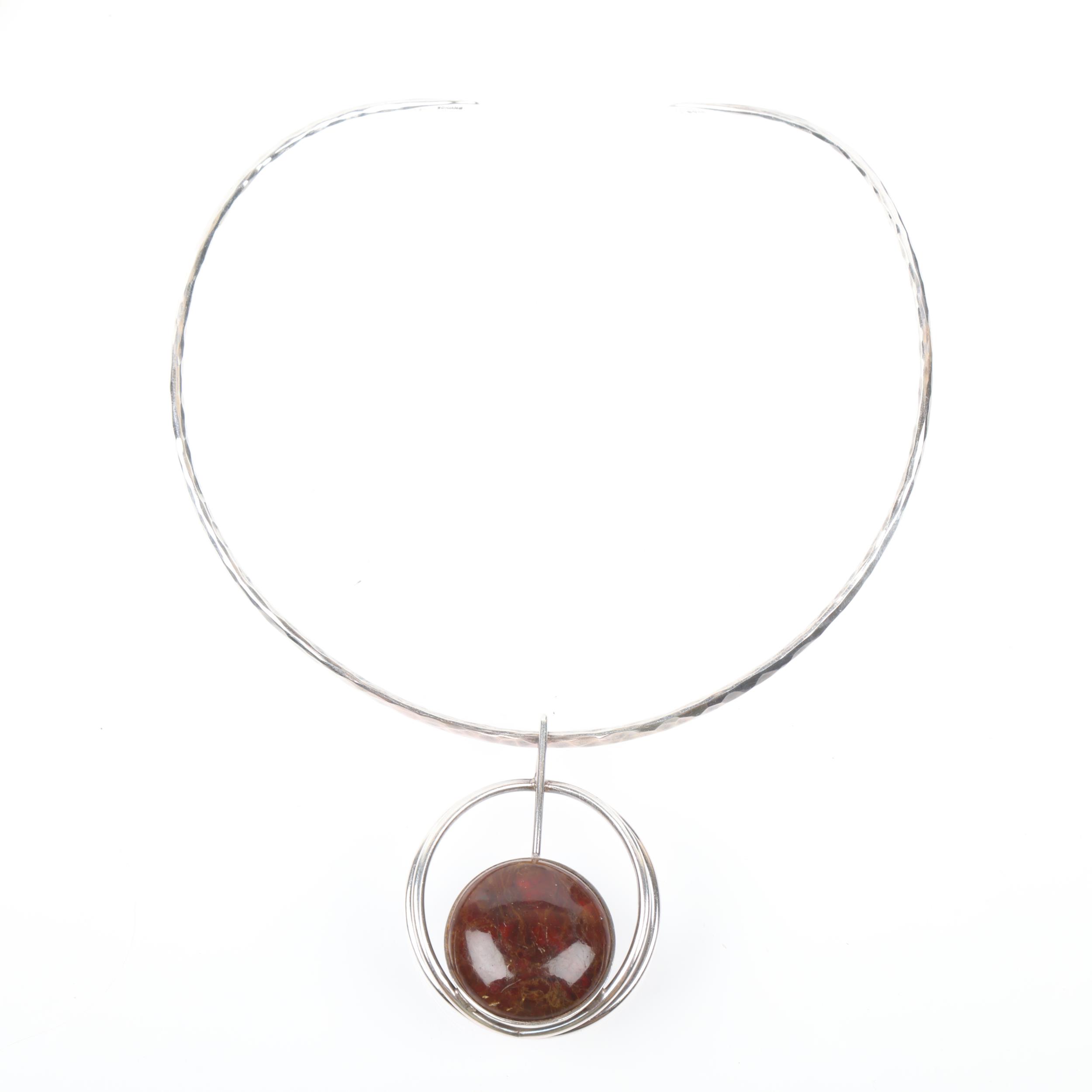 CARL OVE FRYDENSBERG - a a Danish modernist sterling silver amber openwork pendant necklace, on - Image 2 of 3