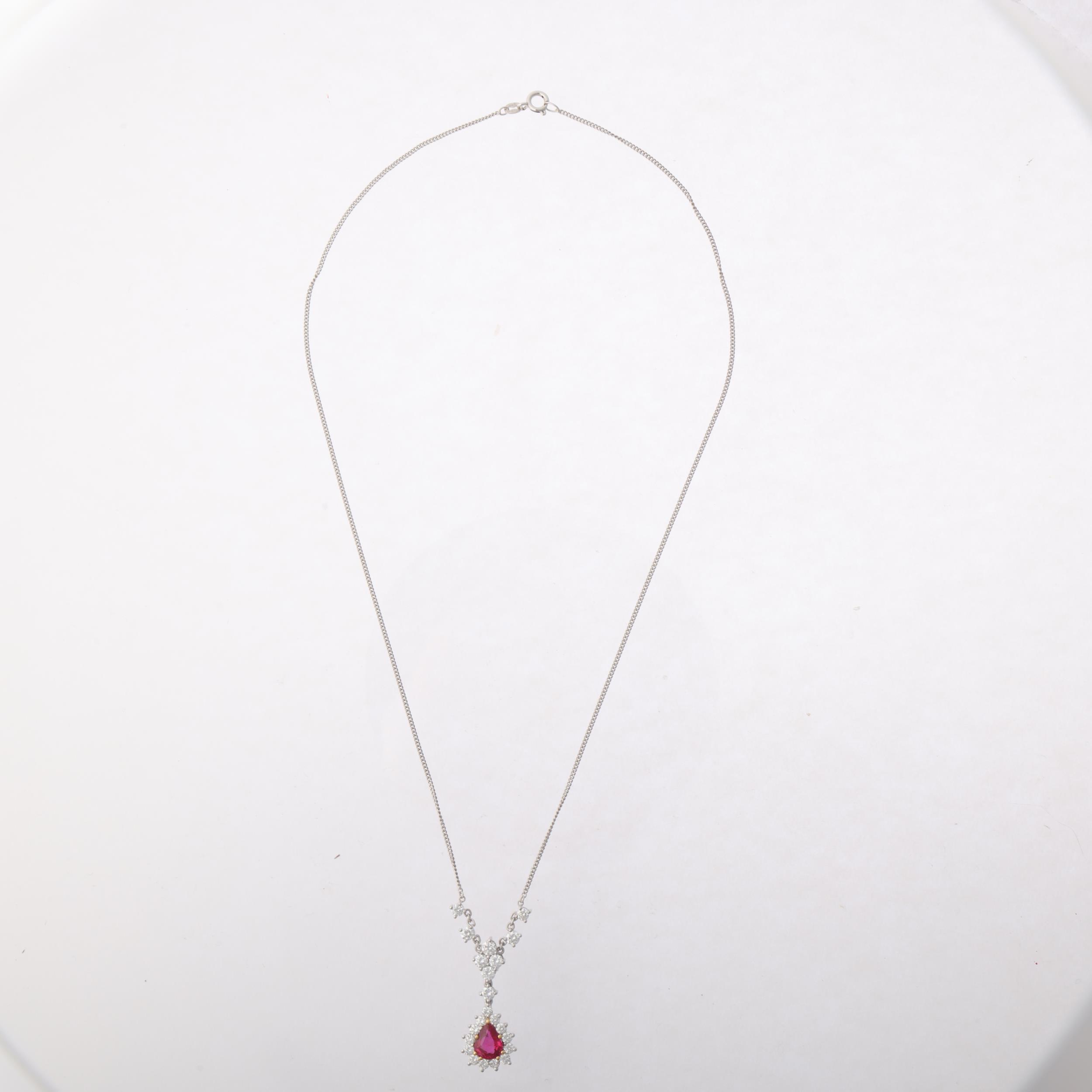 An 18ct white gold synthetic? ruby and diamond pear cluster drop pendant necklace, maker CC, - Image 2 of 4